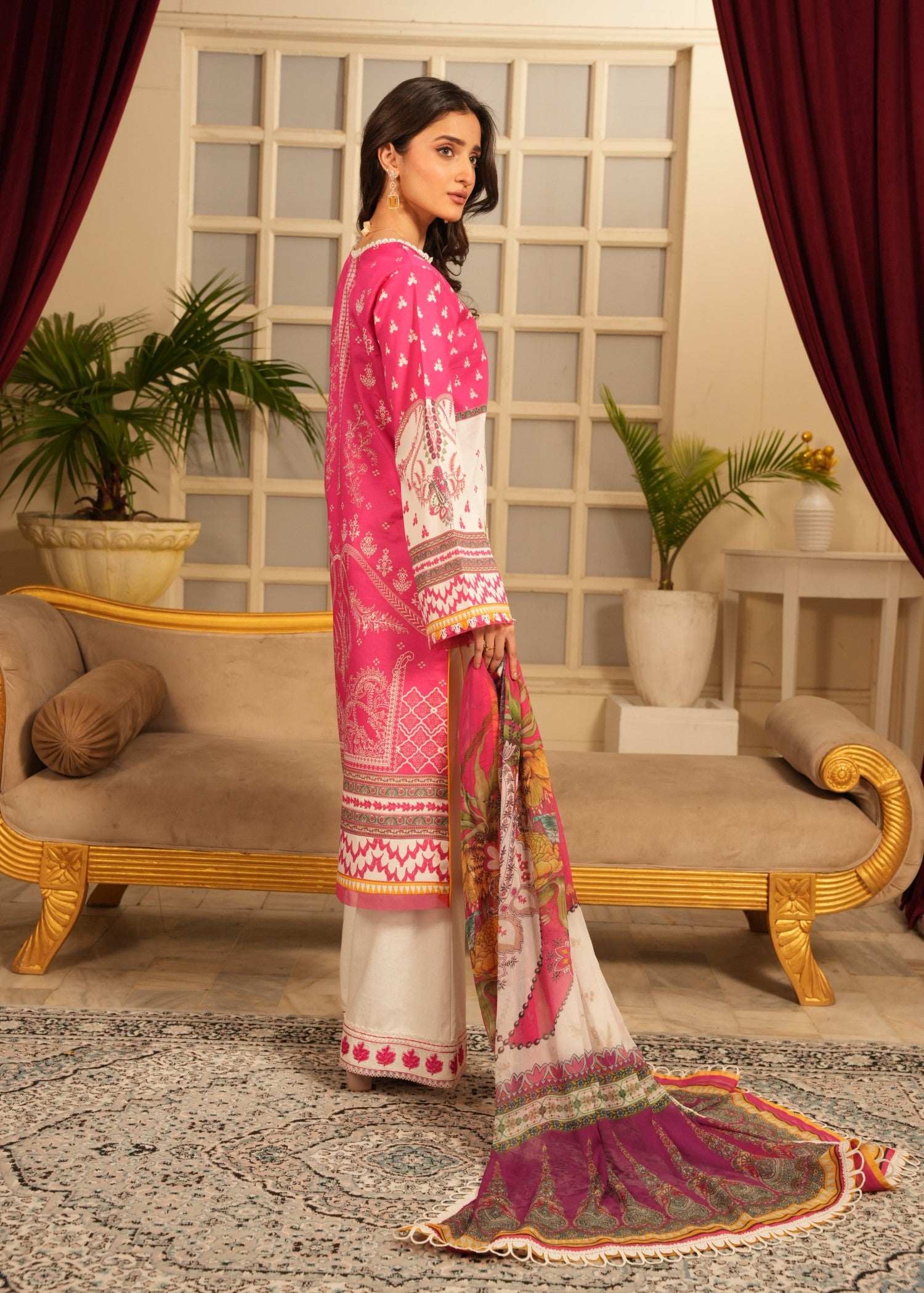 lawn Unstitched in Pink, white