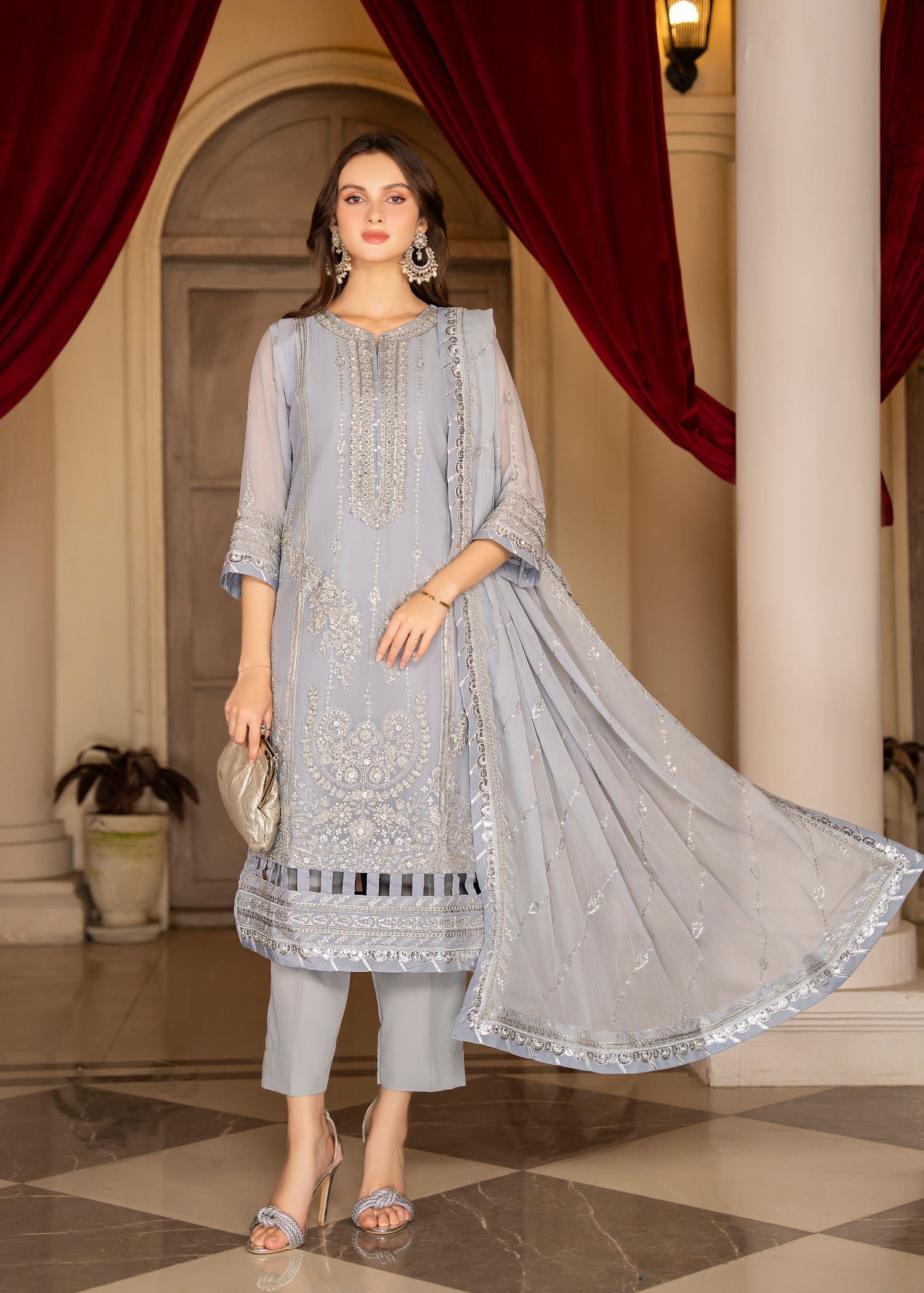 polyester crepe Kurta Set in Grey