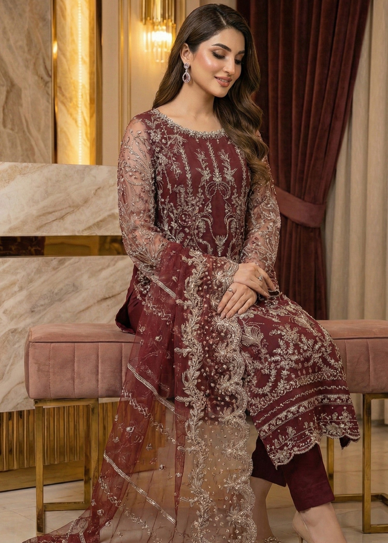 net Kurta Set in Burgundy