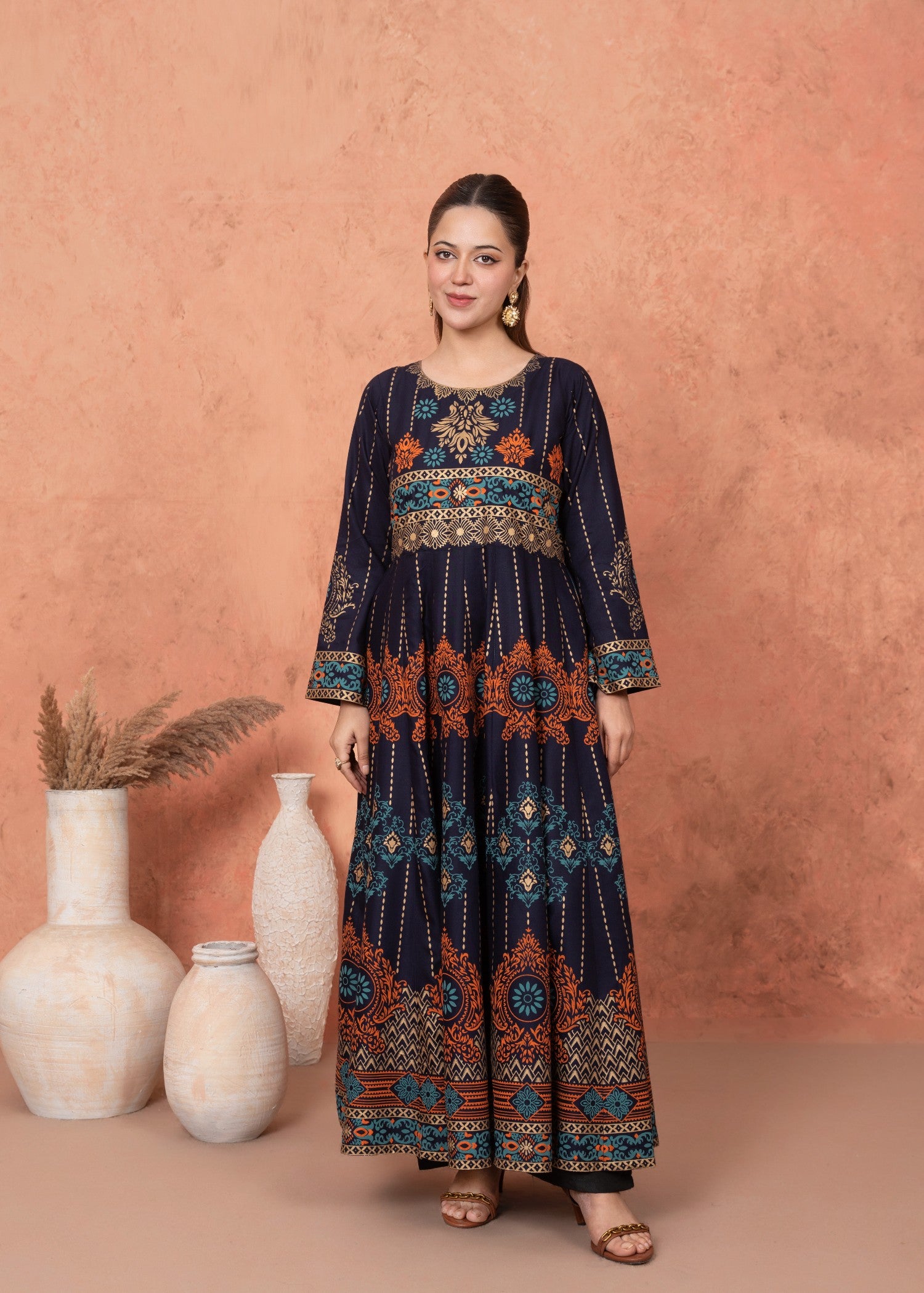 linen Anarkali in Navy blue