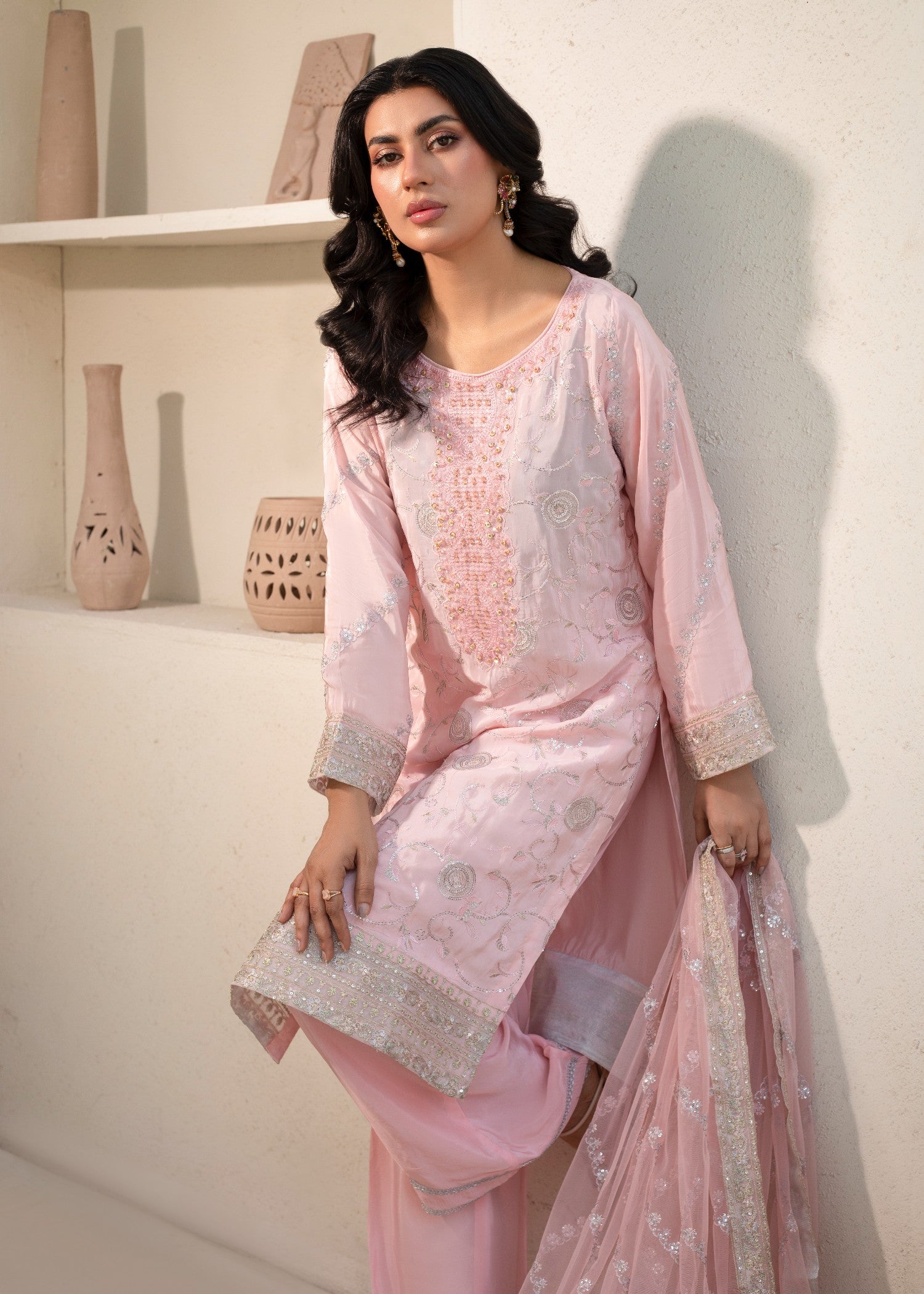 pure silk Kurta Set in Pastel pink