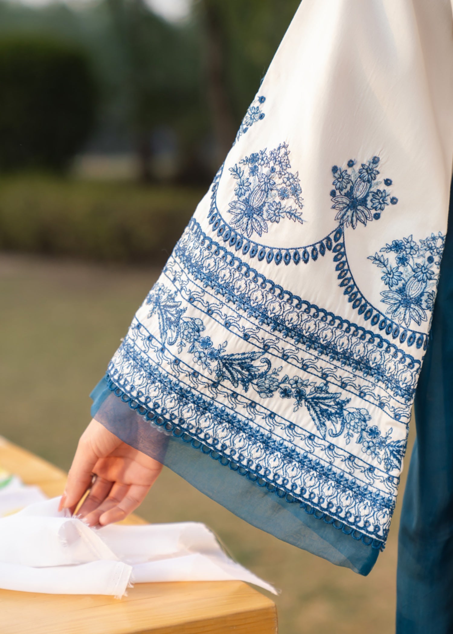 lawn Kurta Set in White, steel blue