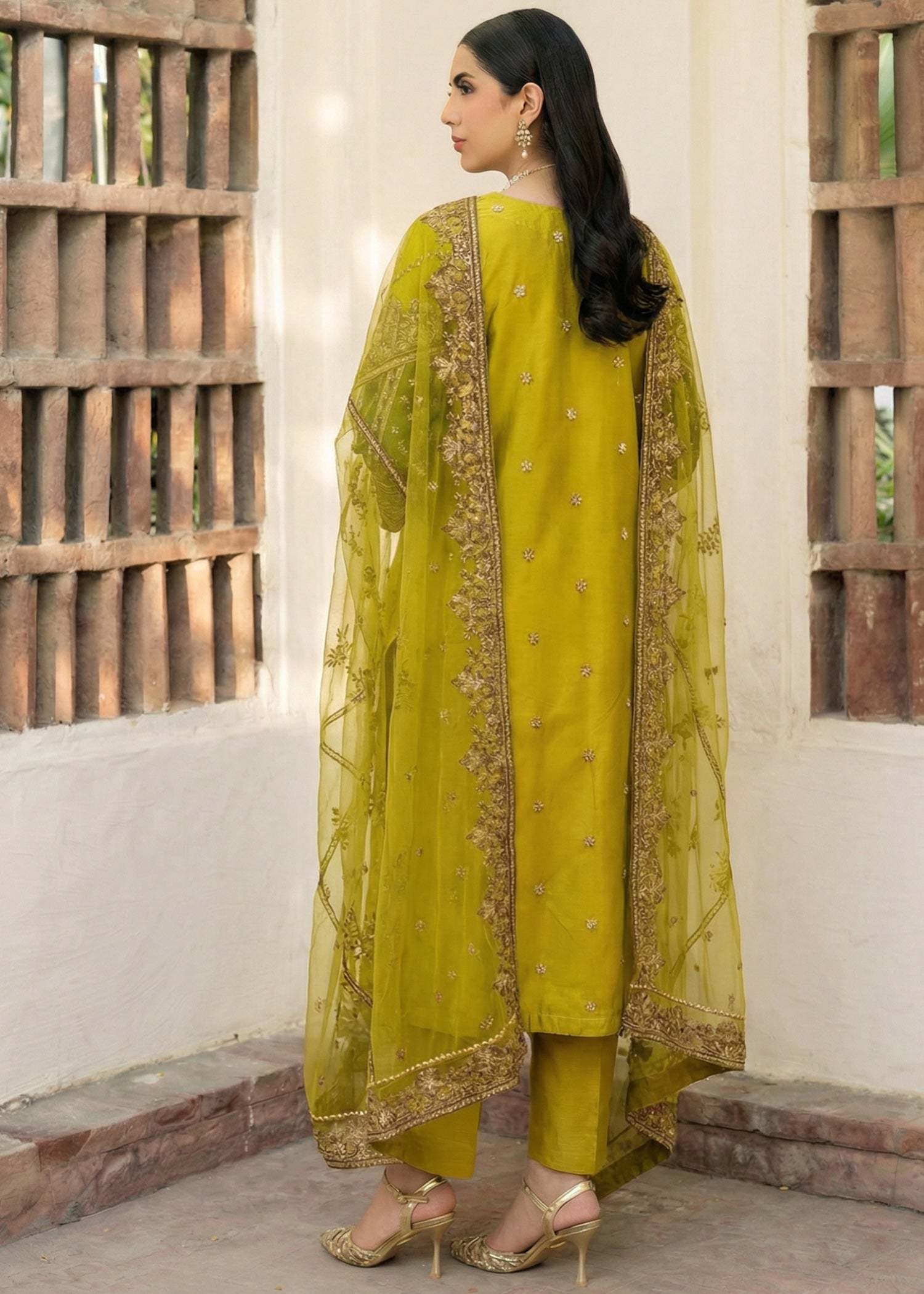 chiffon Kurta Set in Yellow green