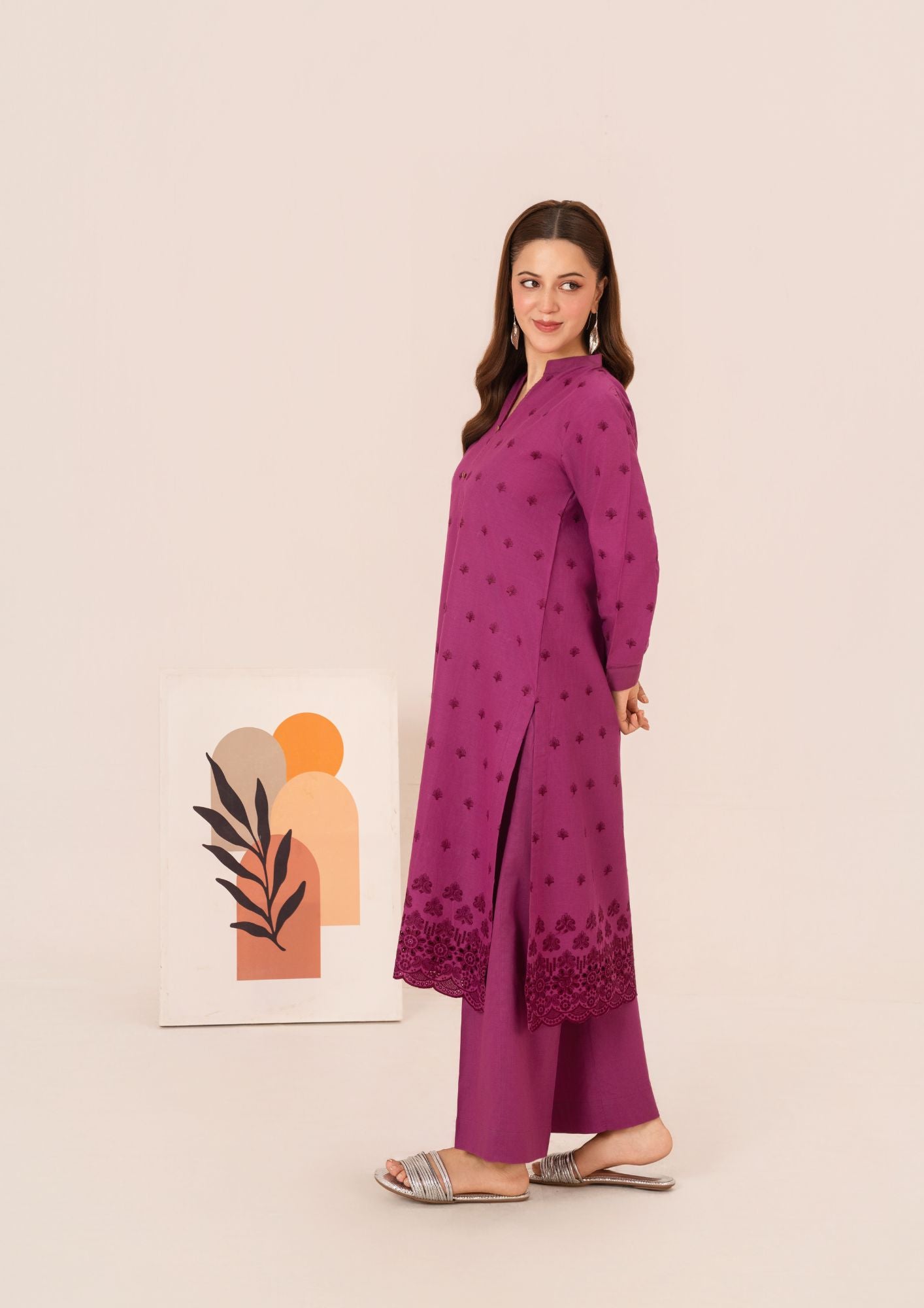 cambric Kurta Set in Magenta haze