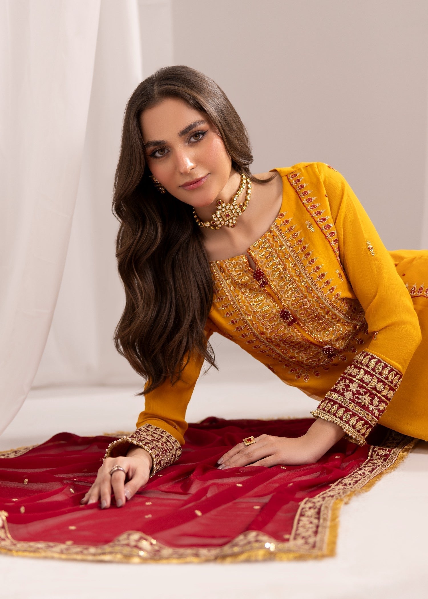 bemberg crinkle chiffon Kurta Set in Mustard, maroon