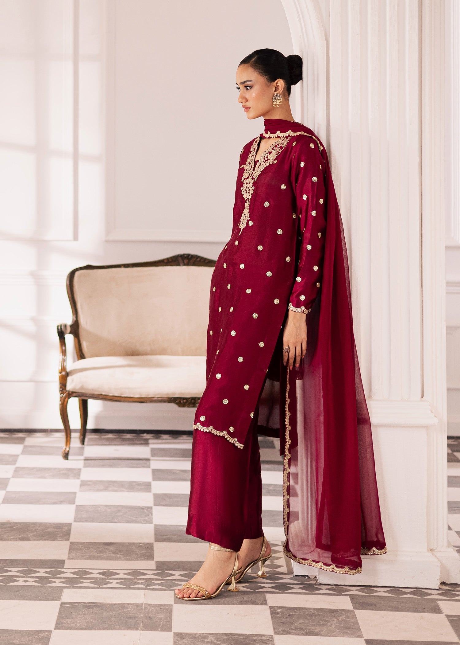 thai silk Kurta Set in Burgundy