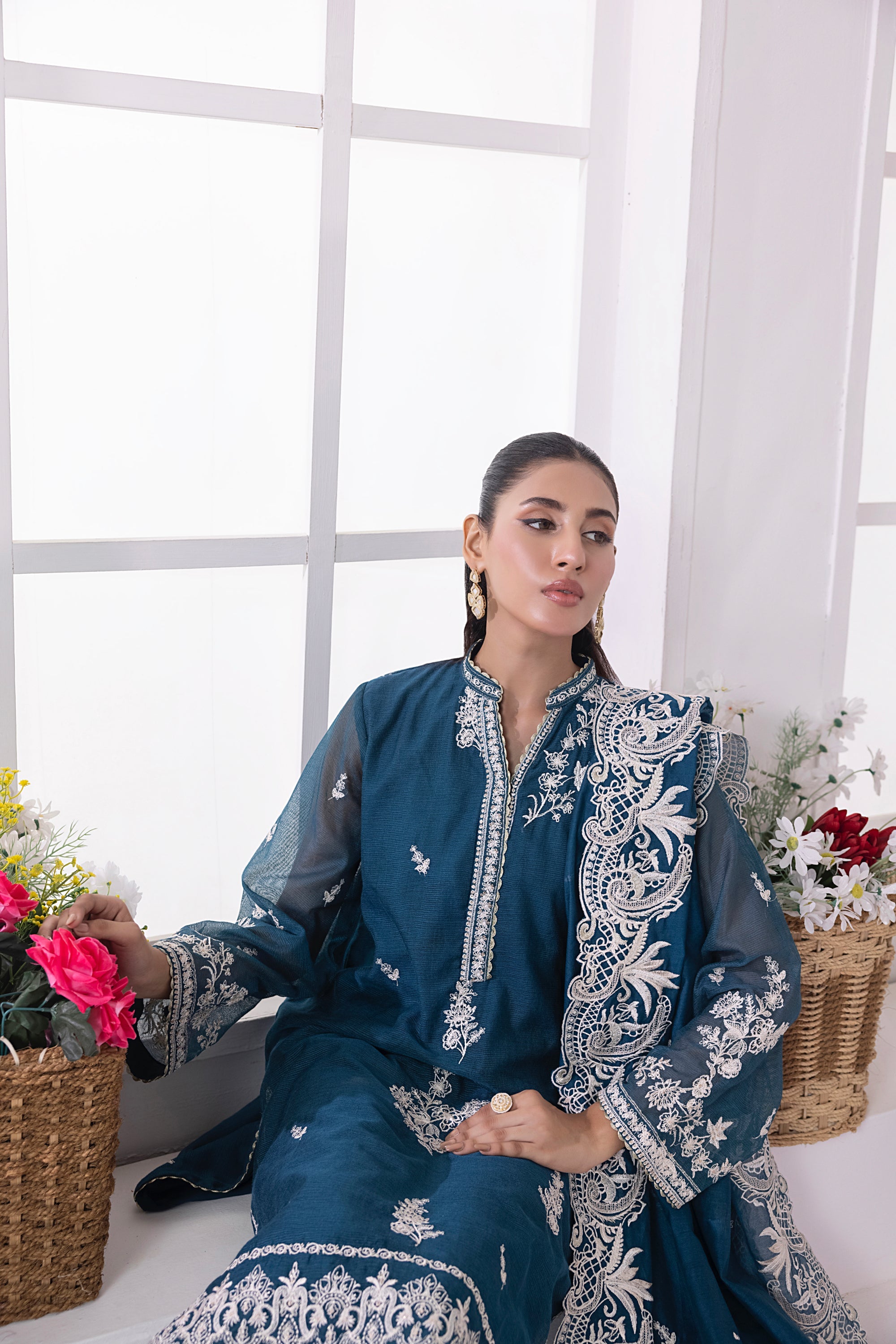 khaddi net Kurta Set in Navy blue