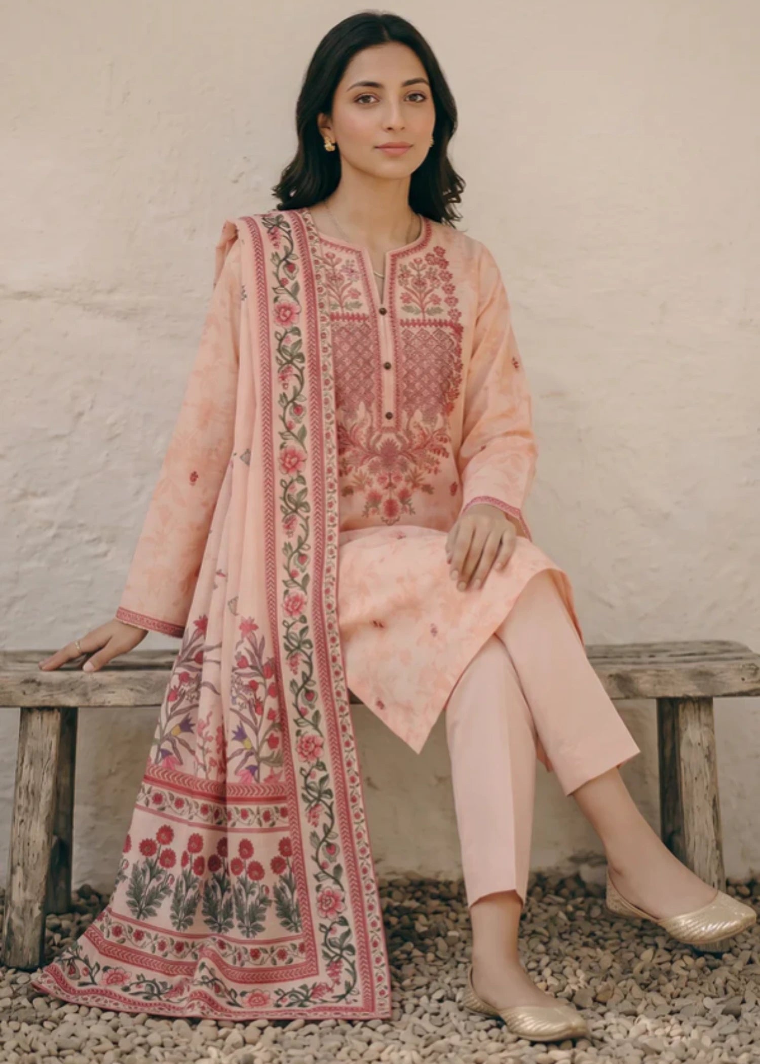 slub lawn Kurta Set in Peach pink