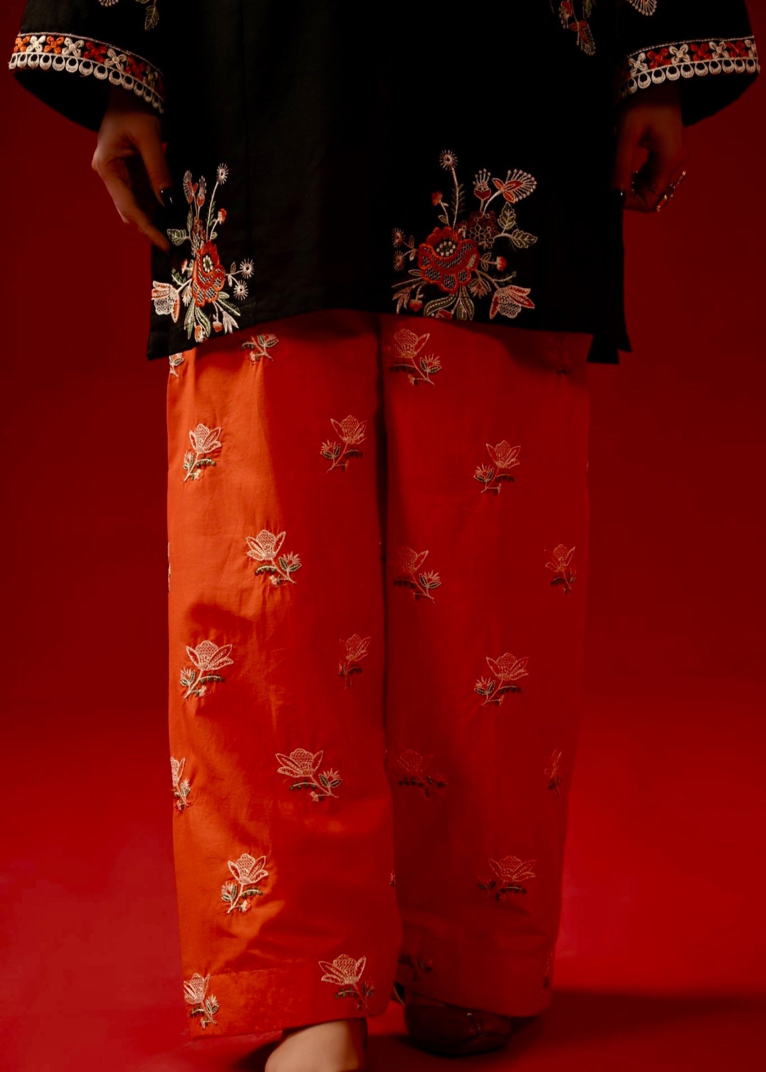 cambric Kurta Set in Black, pumpkin orange
