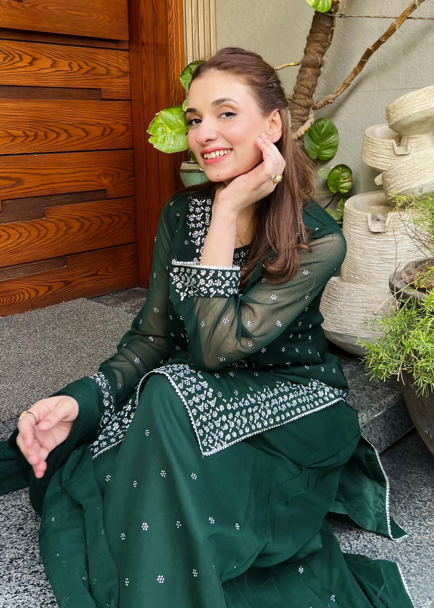 chiffon Sharara in Bottle green