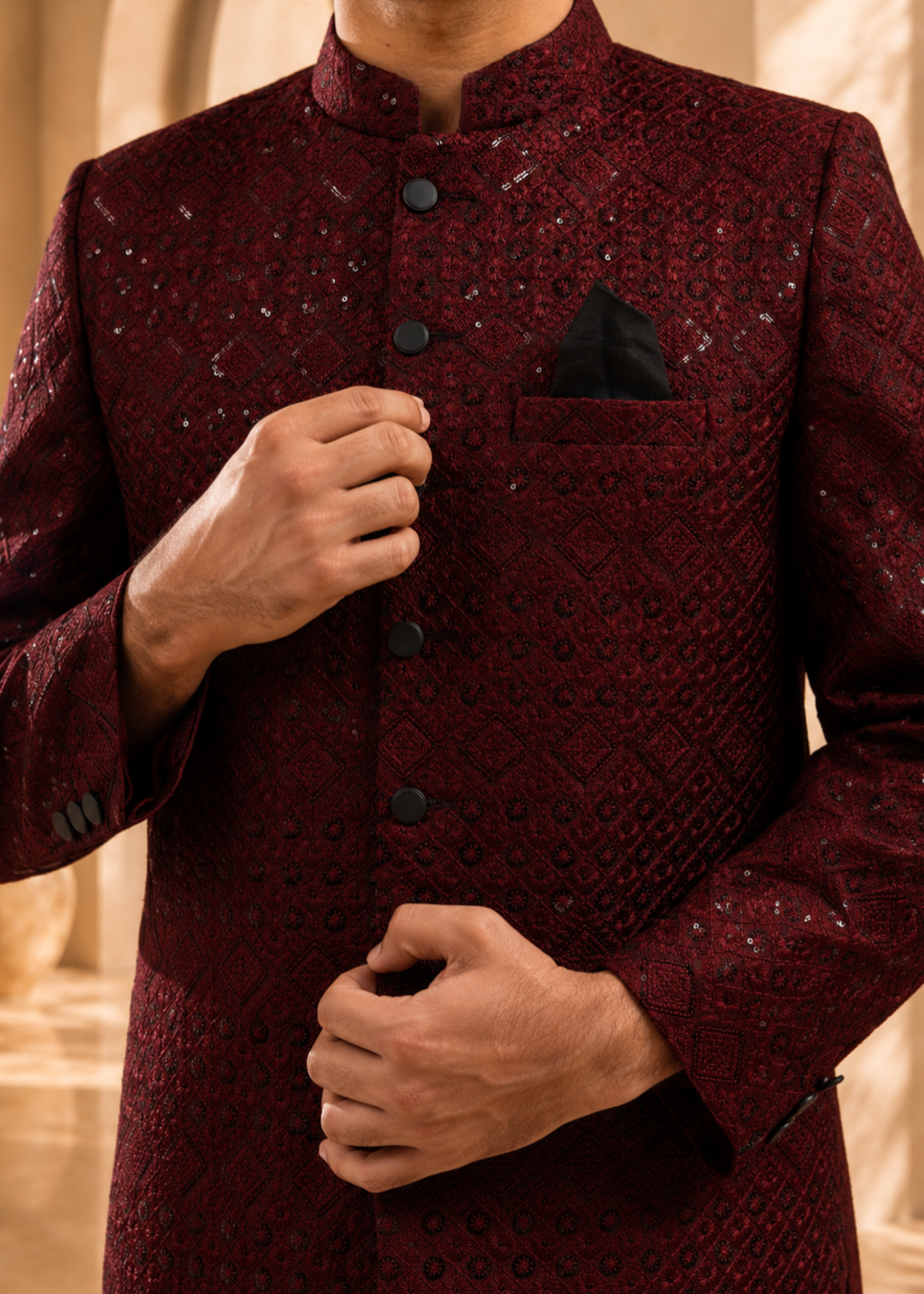 jamawar Sherwani in Maroon by The Great Masters (TGM)