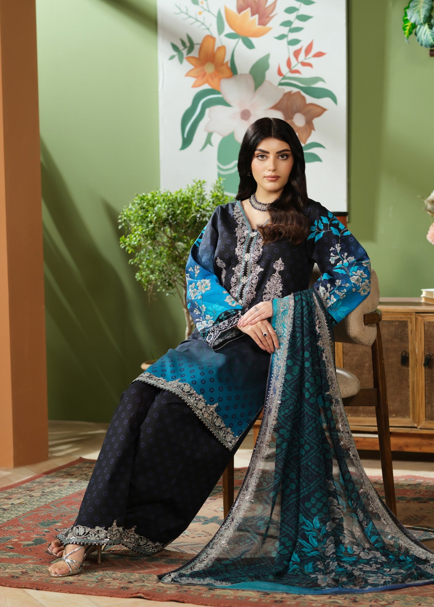 cambric cotton Kurta Set in Blue, black