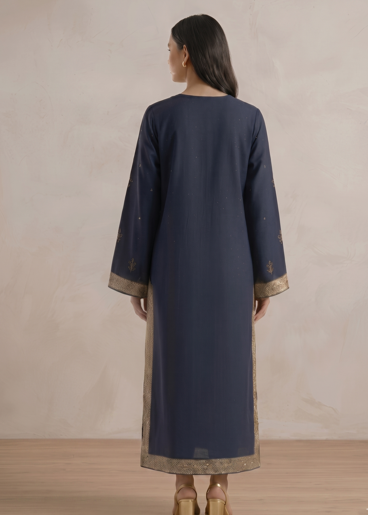cambric cotton Kurta Set in Tan brown, midnight blue