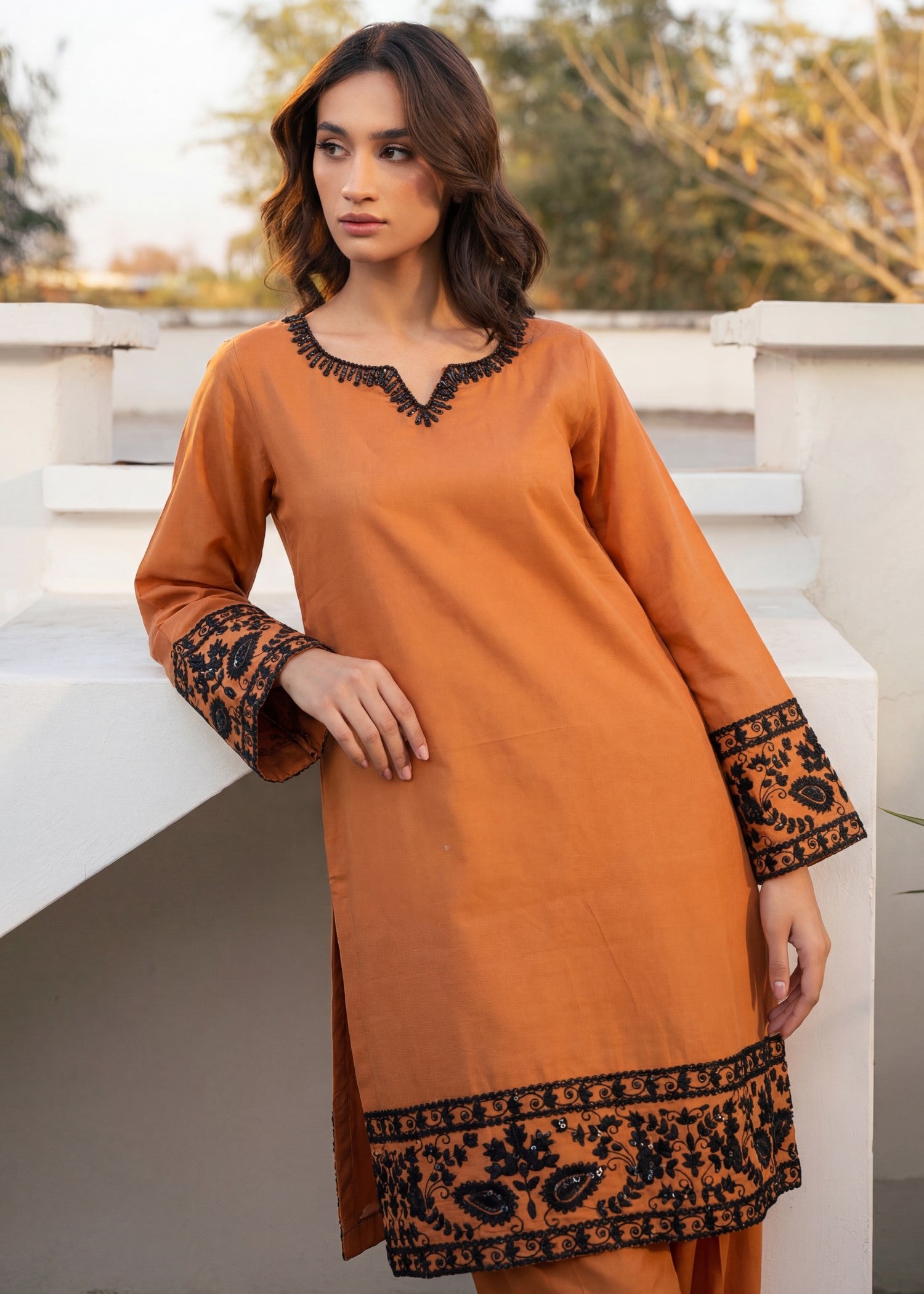 lawn Kurta Set in Sunrise orange