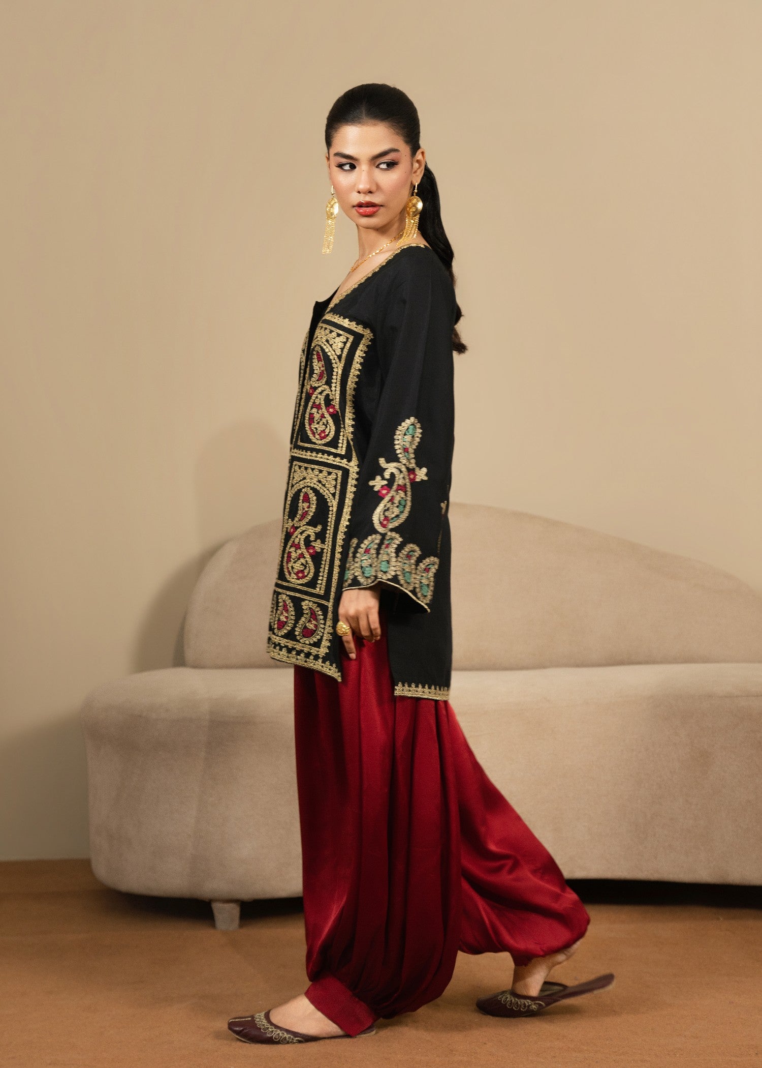silk Kurta Set in Black, maroon