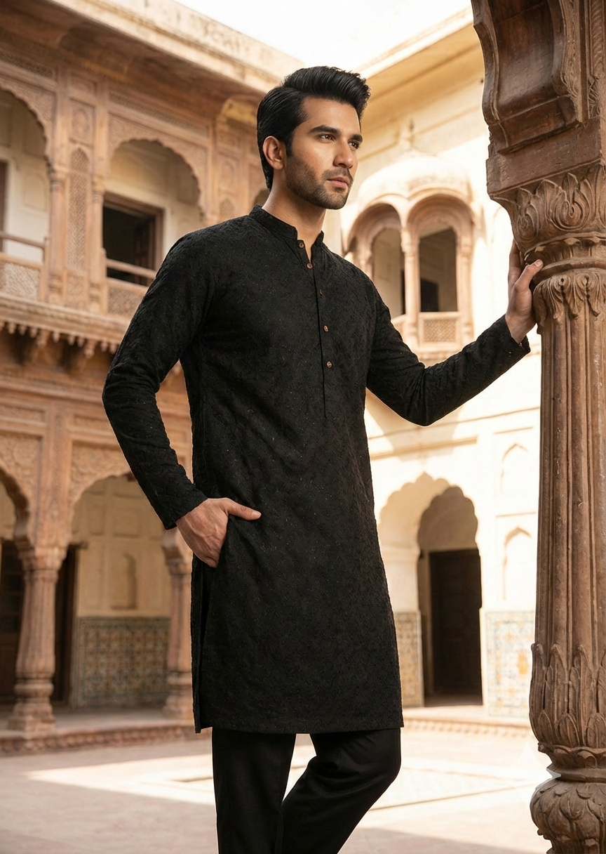 chikankari cotton Kurta in Black