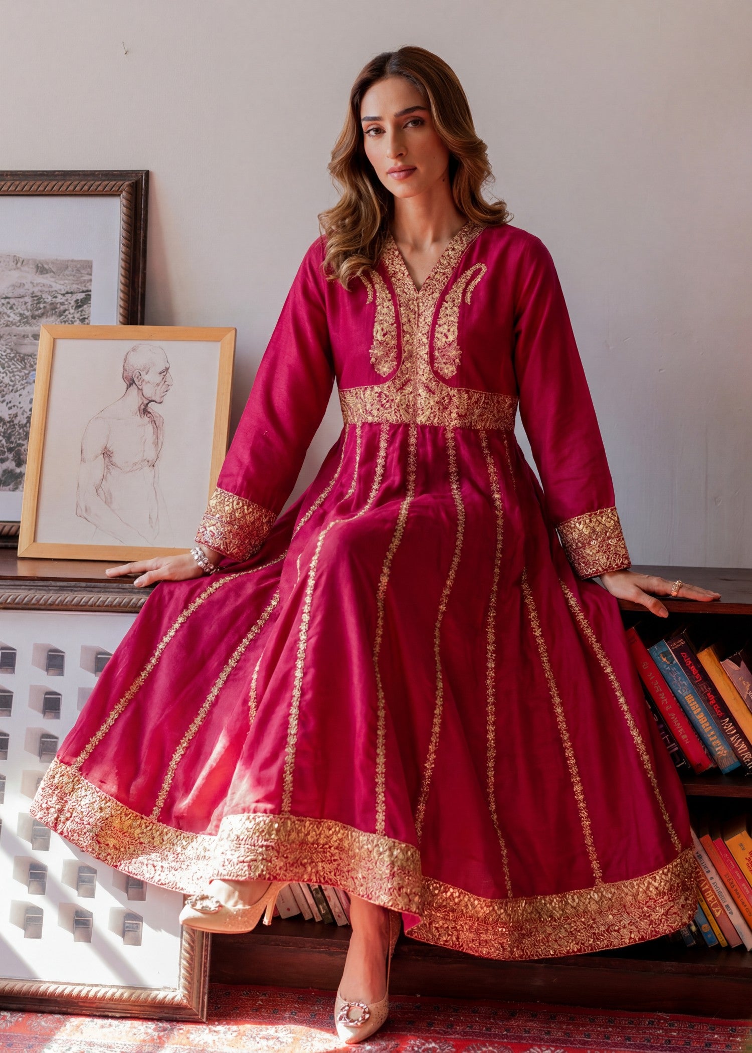 textured lawn Anarkali in Cardinal red