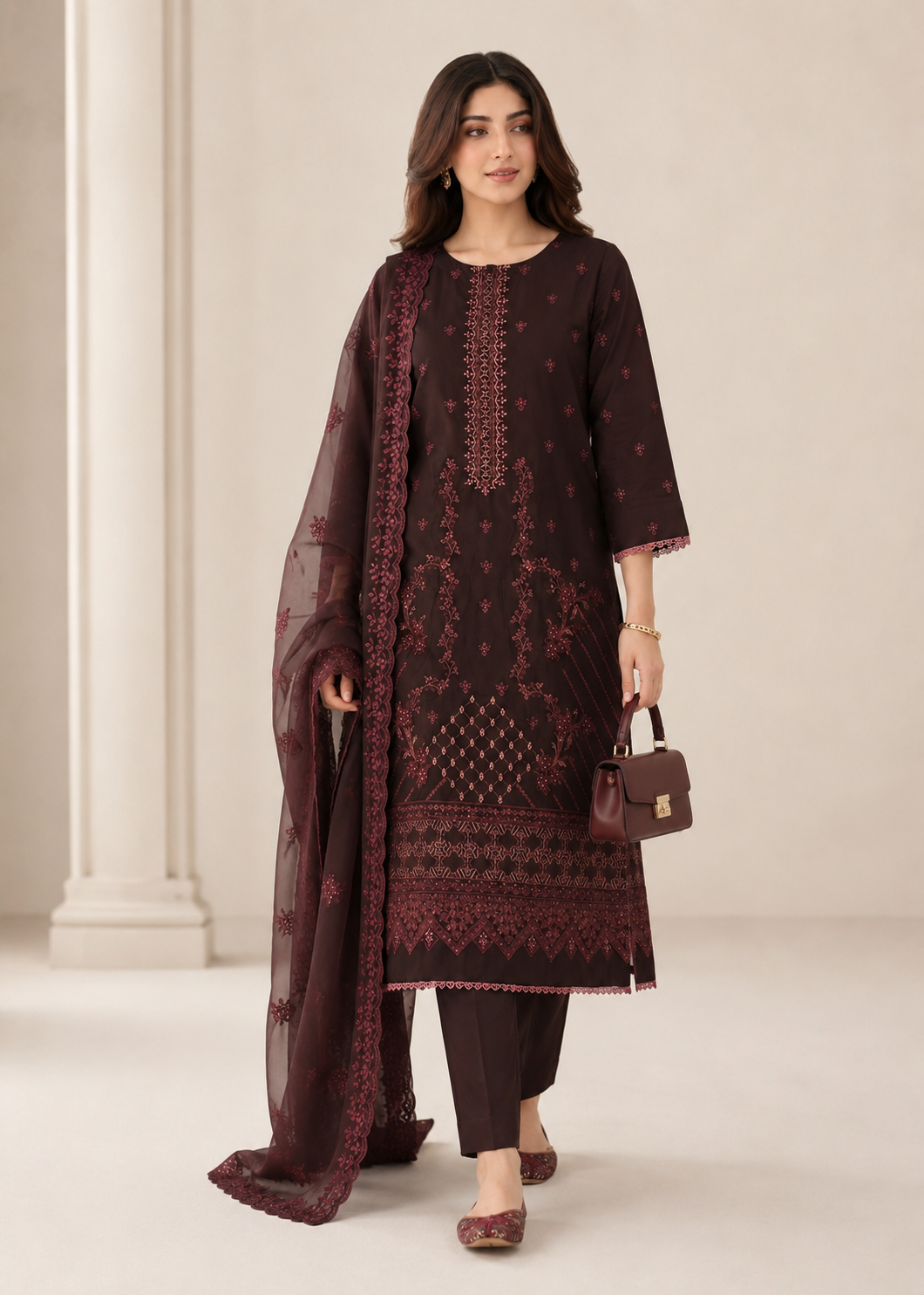 lawn Kurta Set in Chestnut brown