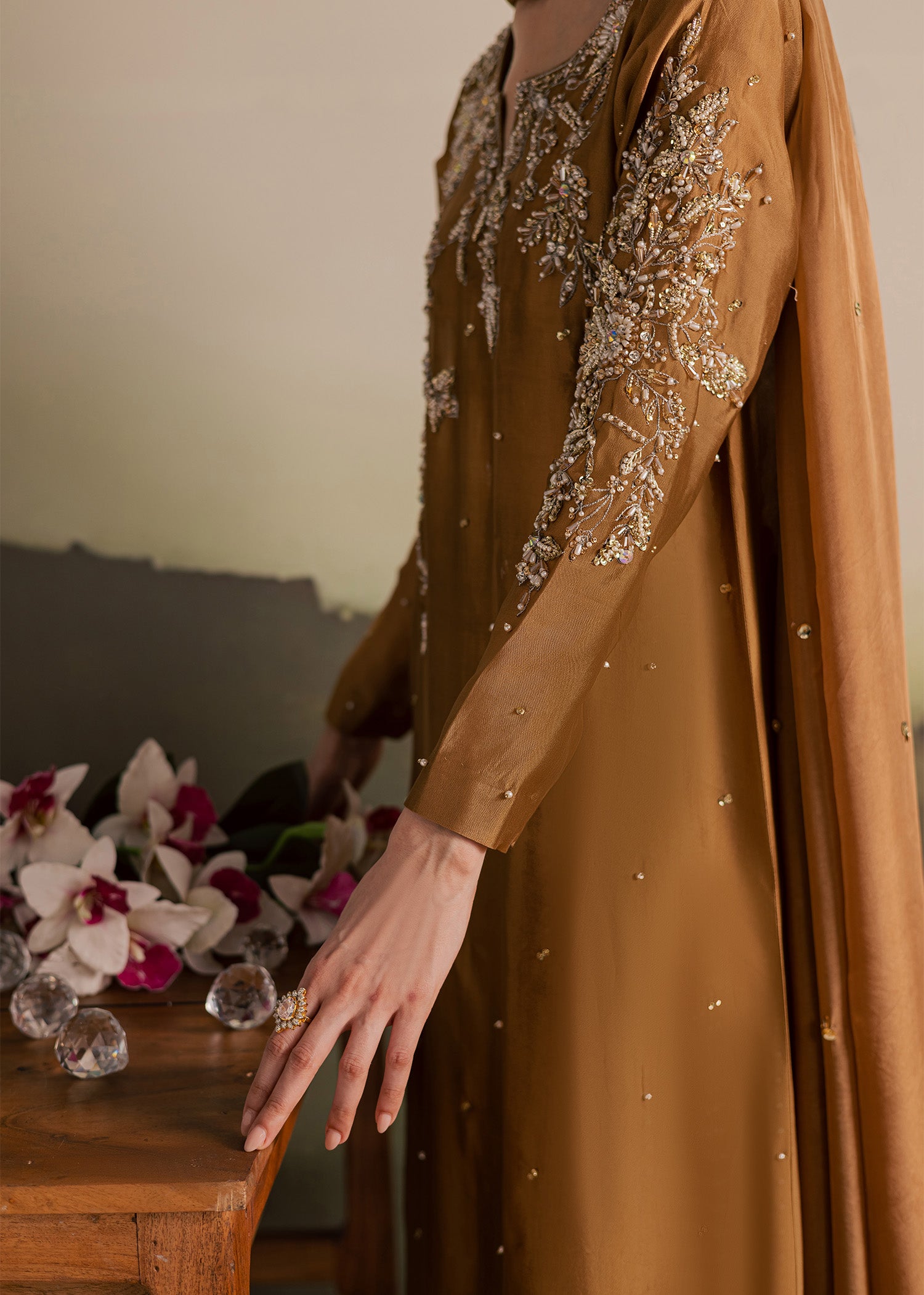 tussar silk Kaftan in Caramel brown