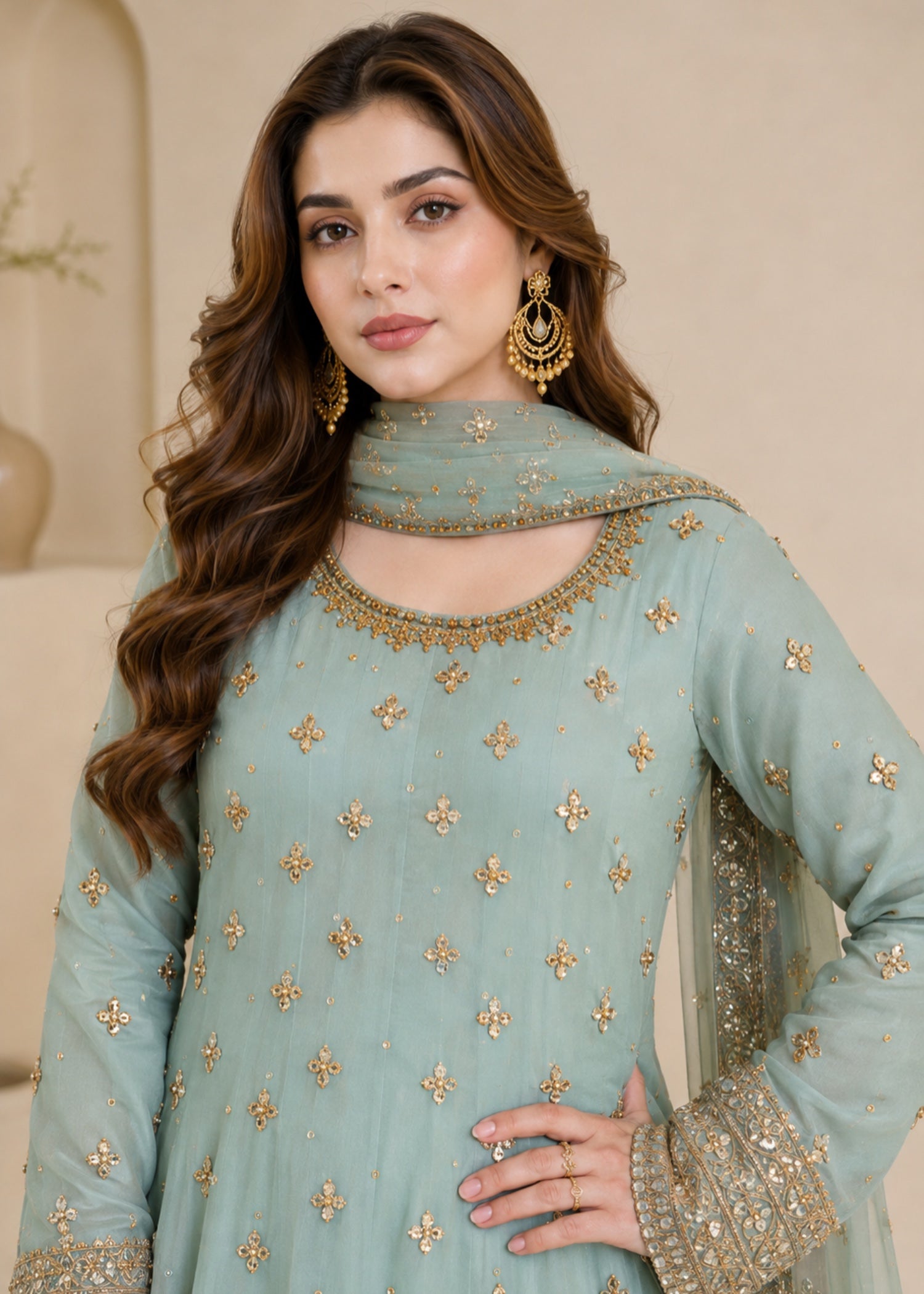 chiffon Pishwas in Aquamarine