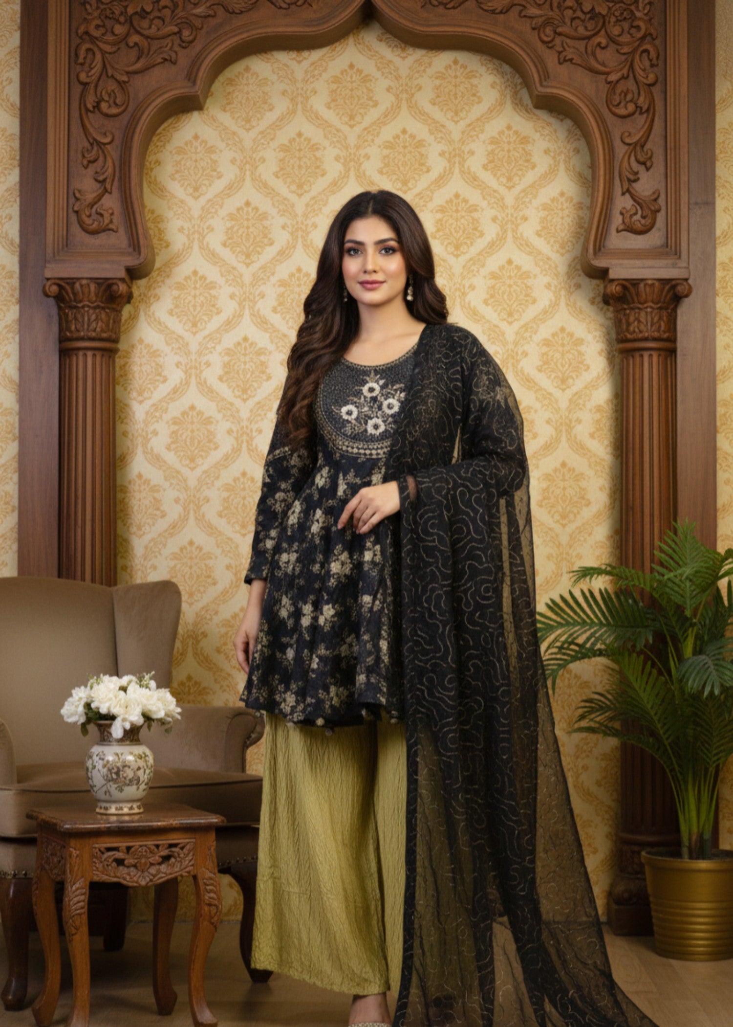 organza silk Short Frock in Black