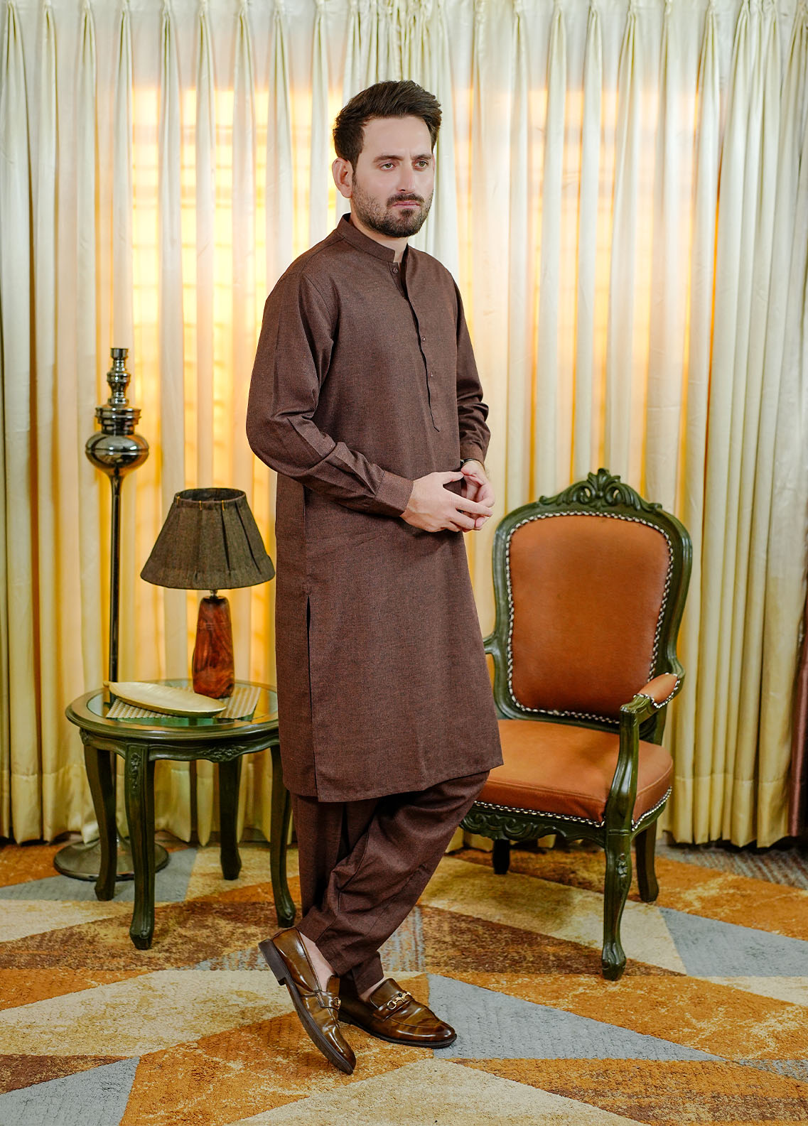 acrylic wool Shalwar Kameez in Rustic brown