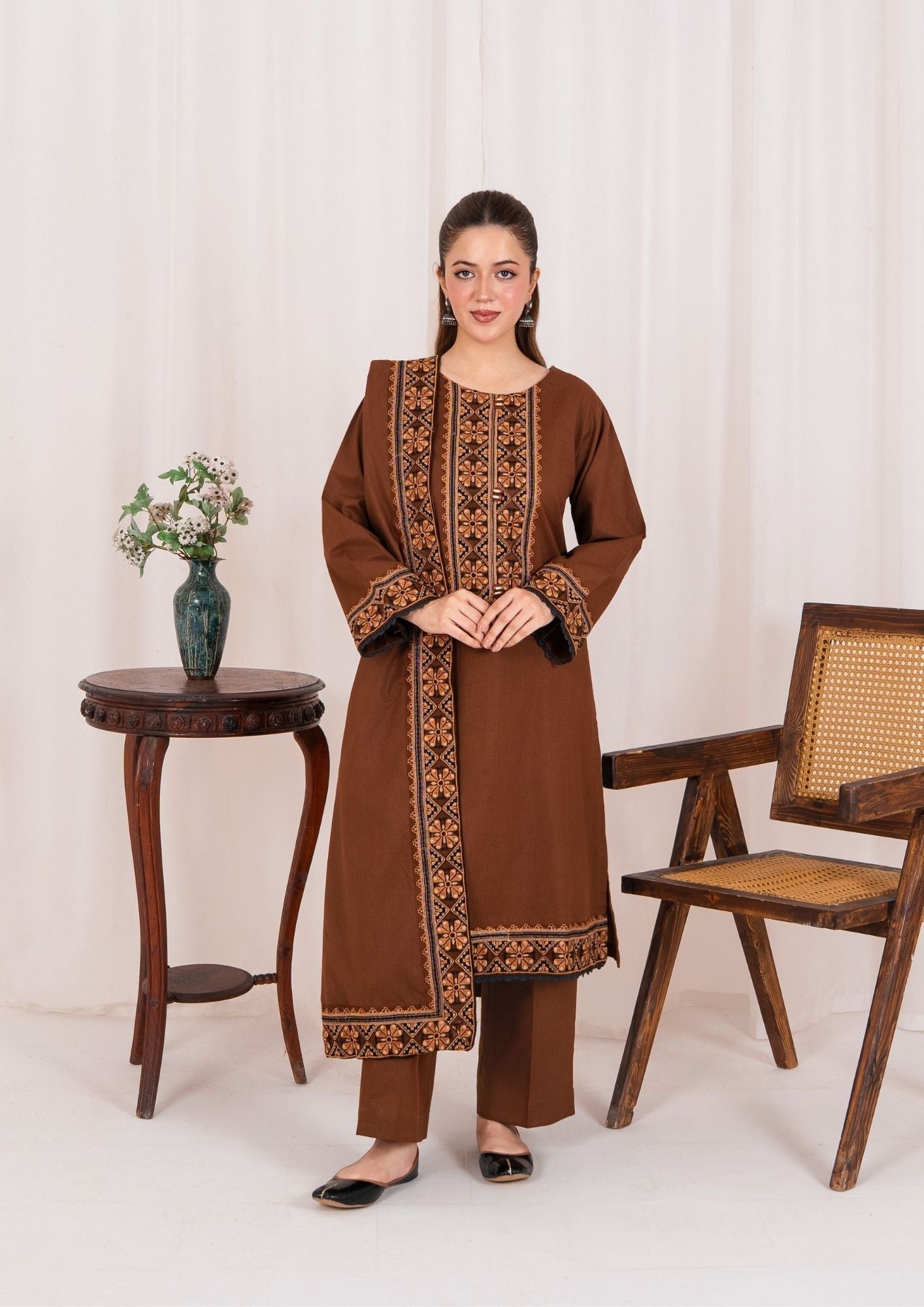 khaddar Kurta Set in Chocolate brown