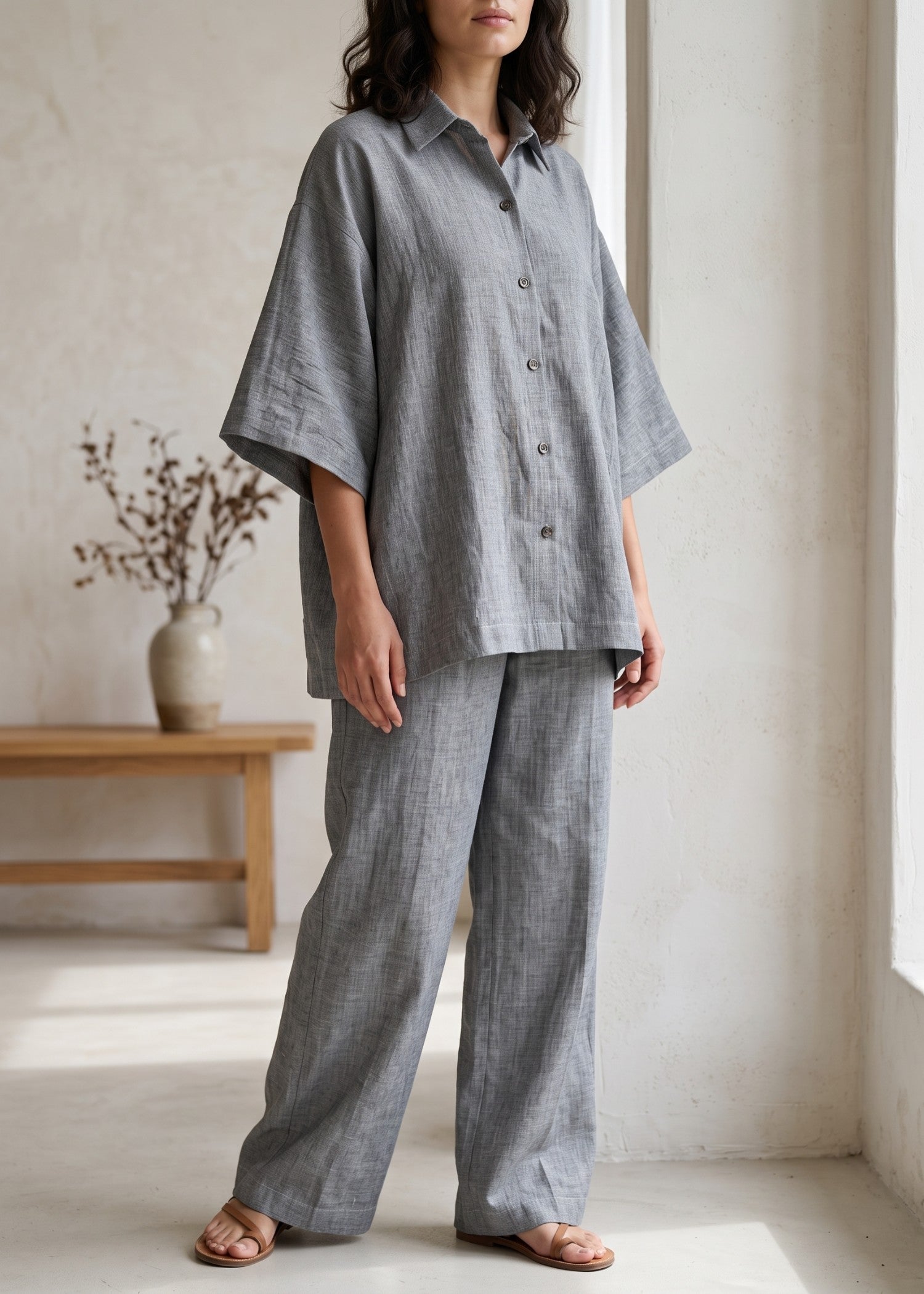 blended linen Co Ord Sets in Grey