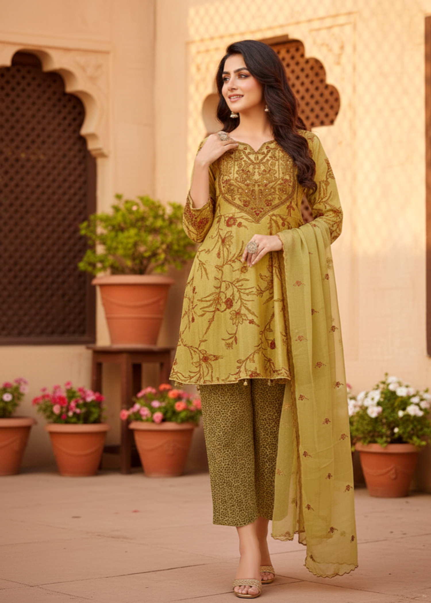 tissue silk Short Frock in Green