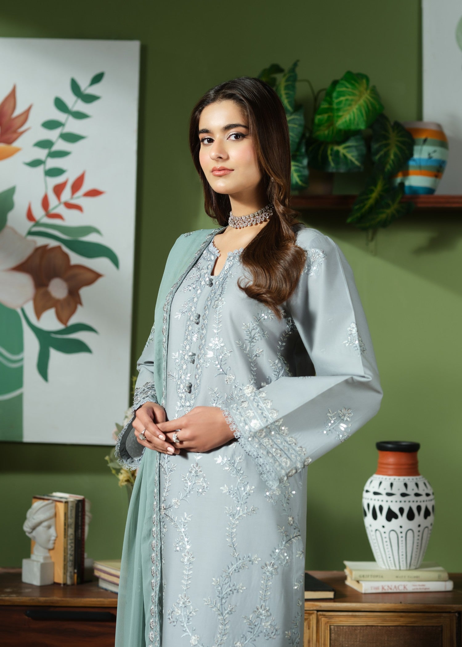 cambric cotton Kurta Set in Pastel grey