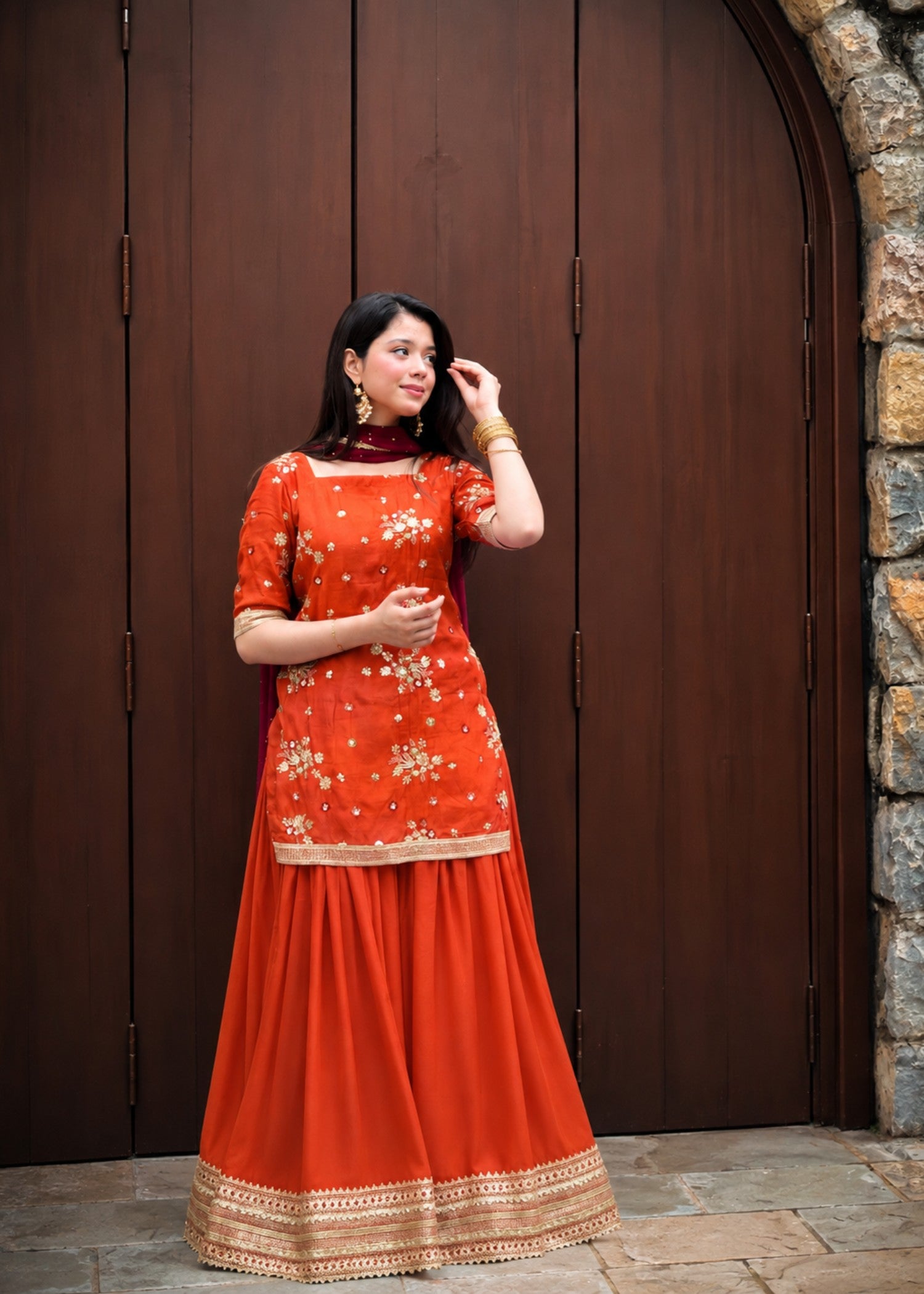 raw silk Sharara in Burnt orange