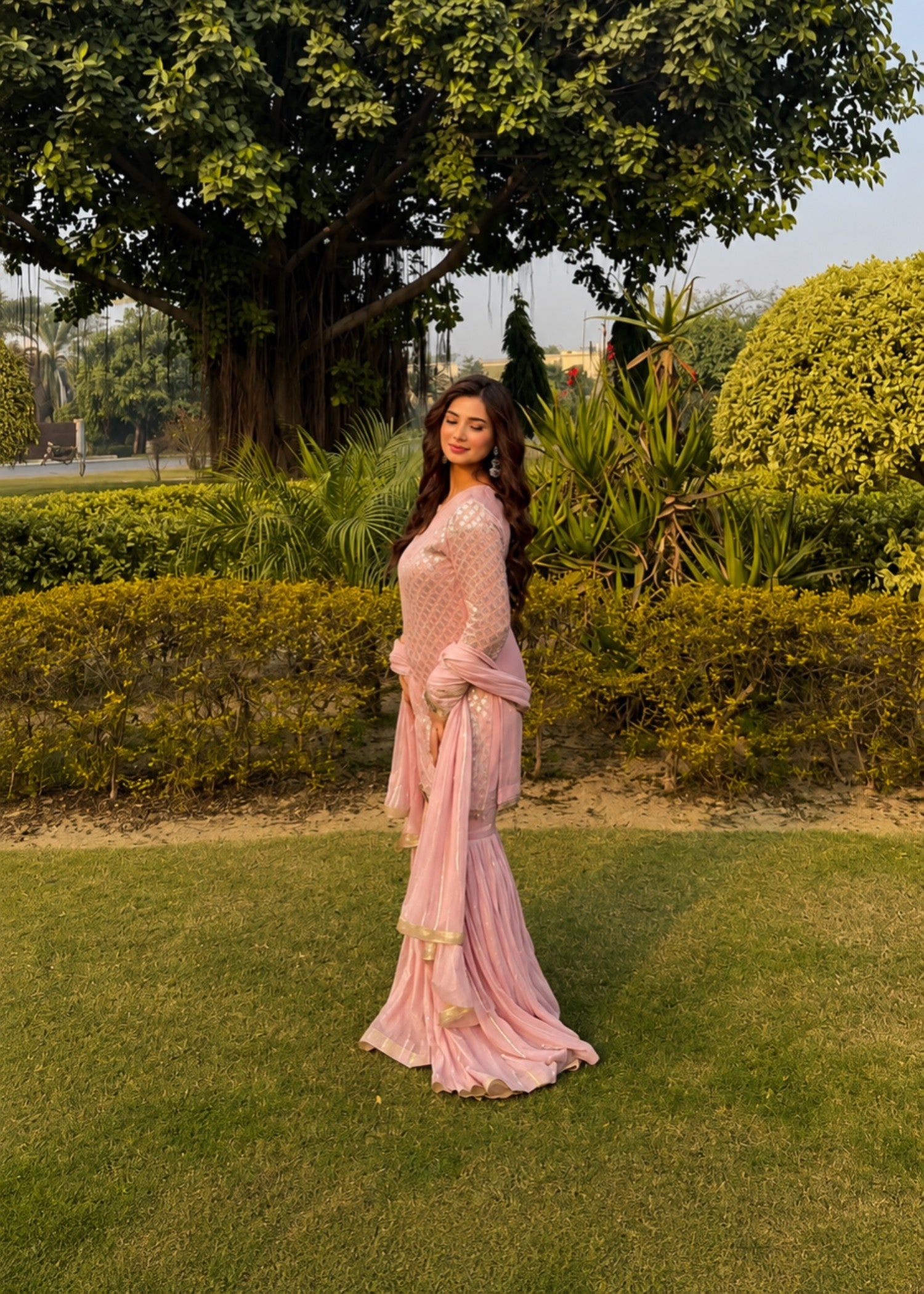 bemberg crinkle chiffon Gharara in Pastel pink