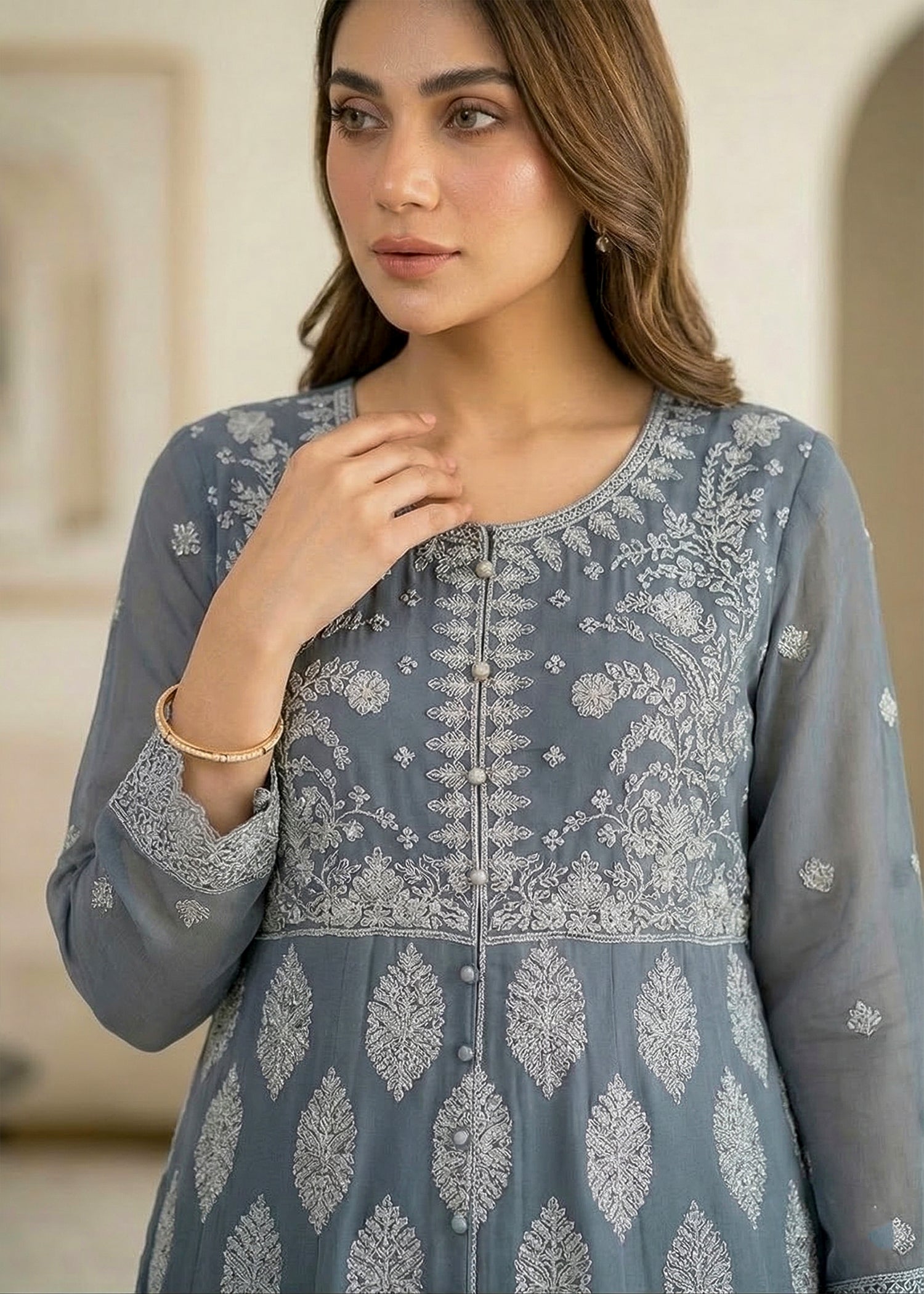 chiffon Pishwas in Pastel grey