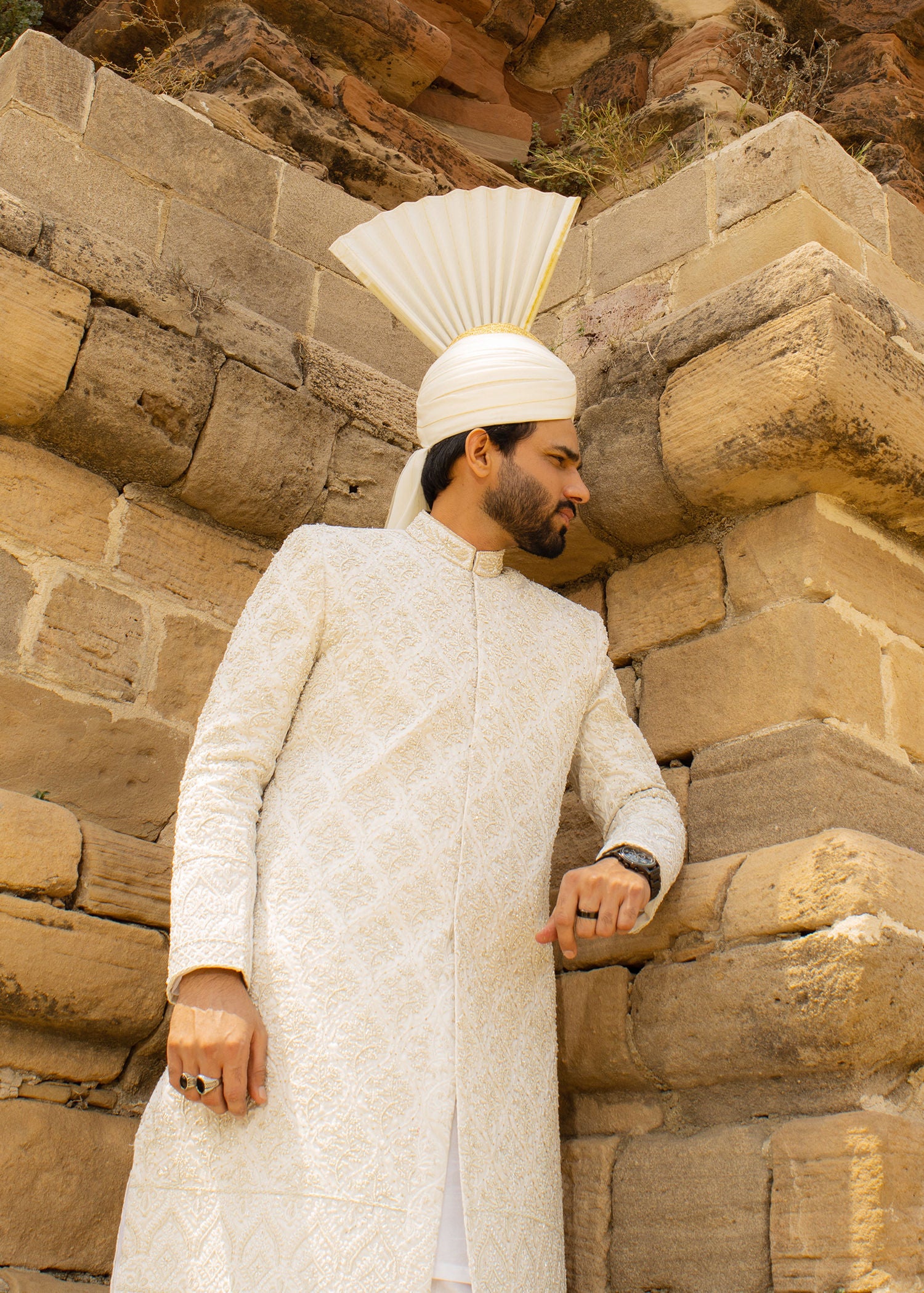 raw silk Sherwani in White