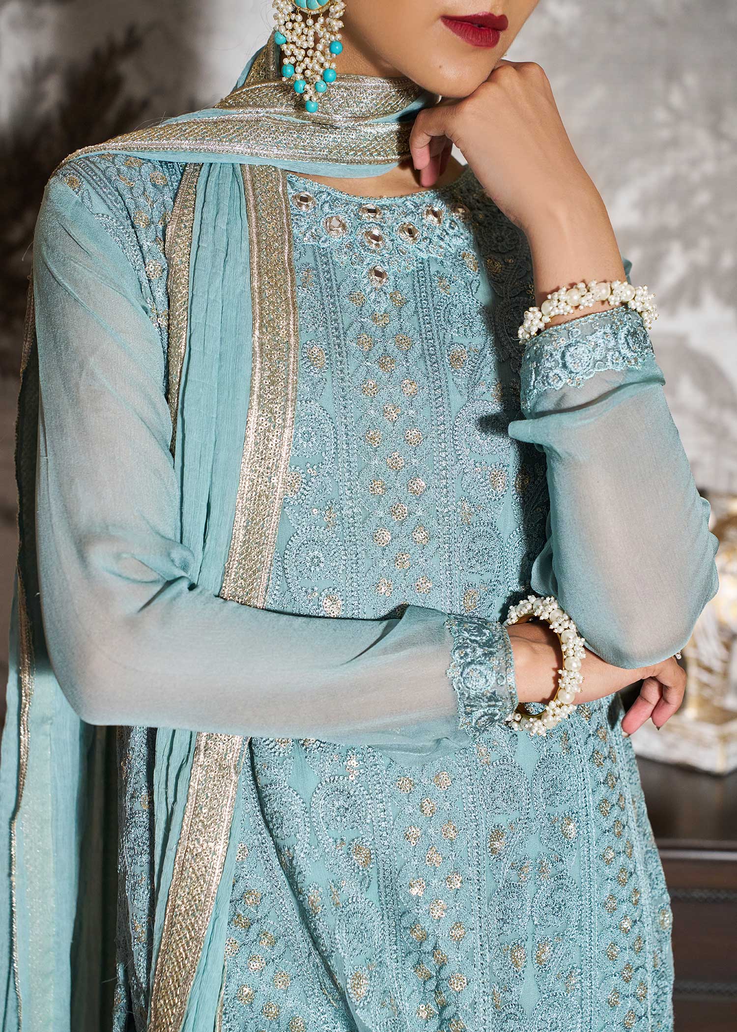 chiffon Kurta Set in Sky blue
