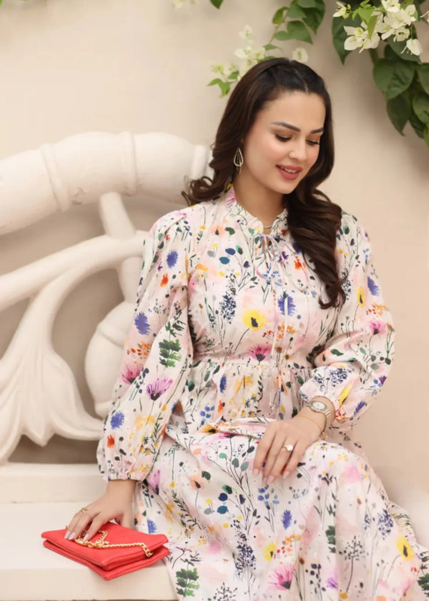 lawn Dress in Cream, pink