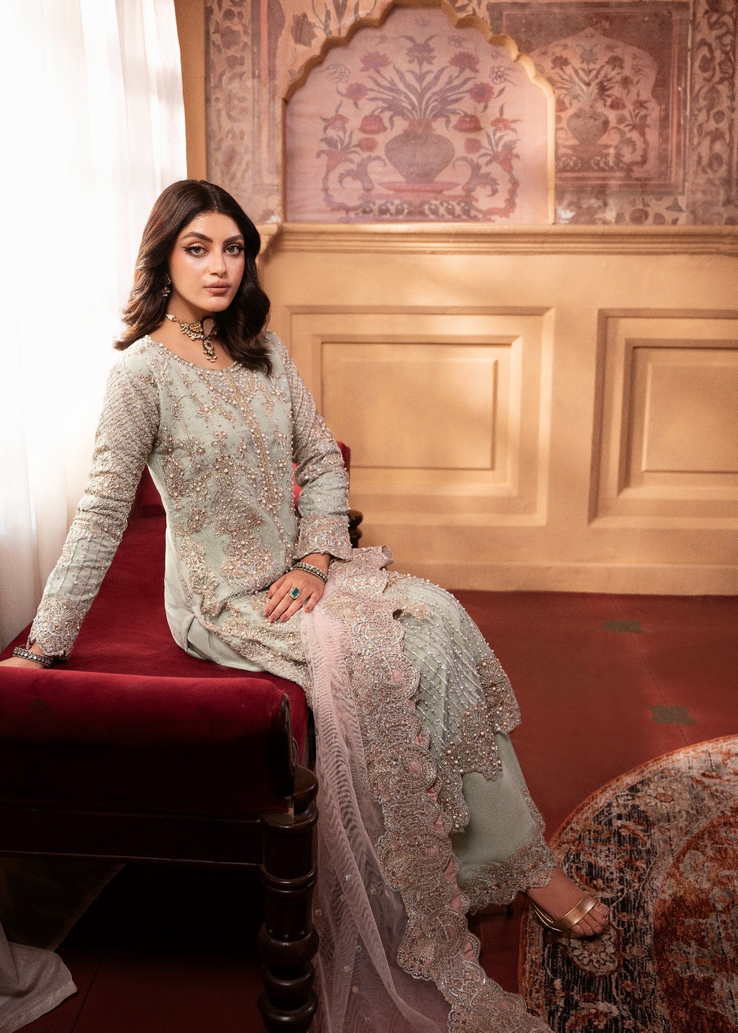 net Kurta Set in Mint green