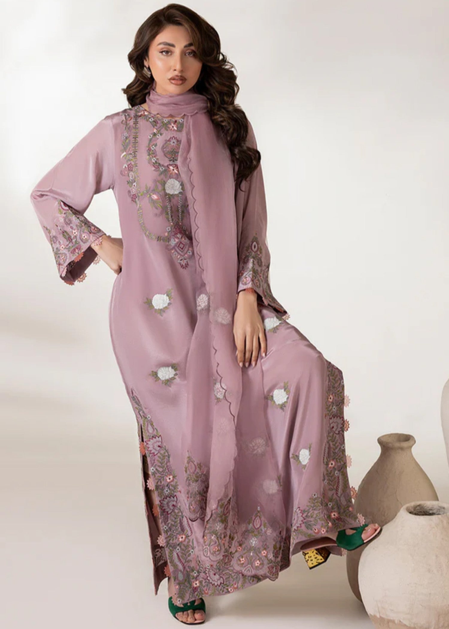 cotton silk Kaftan in Mauve pink