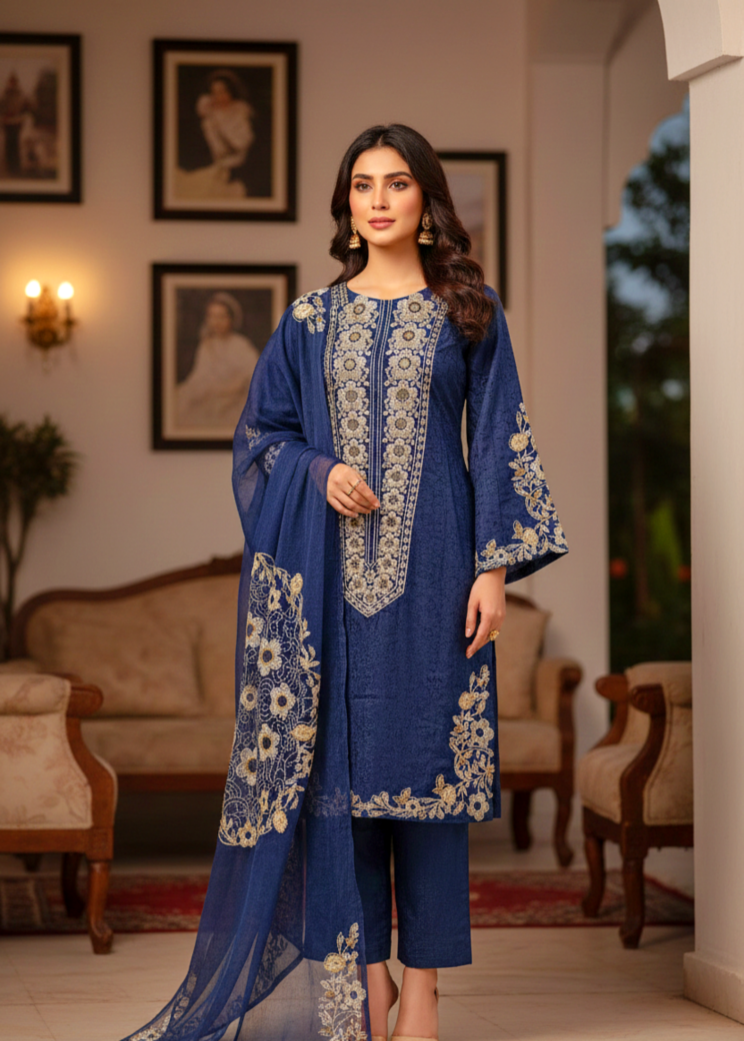 jacquard viscose Kurta Set in Navy blue