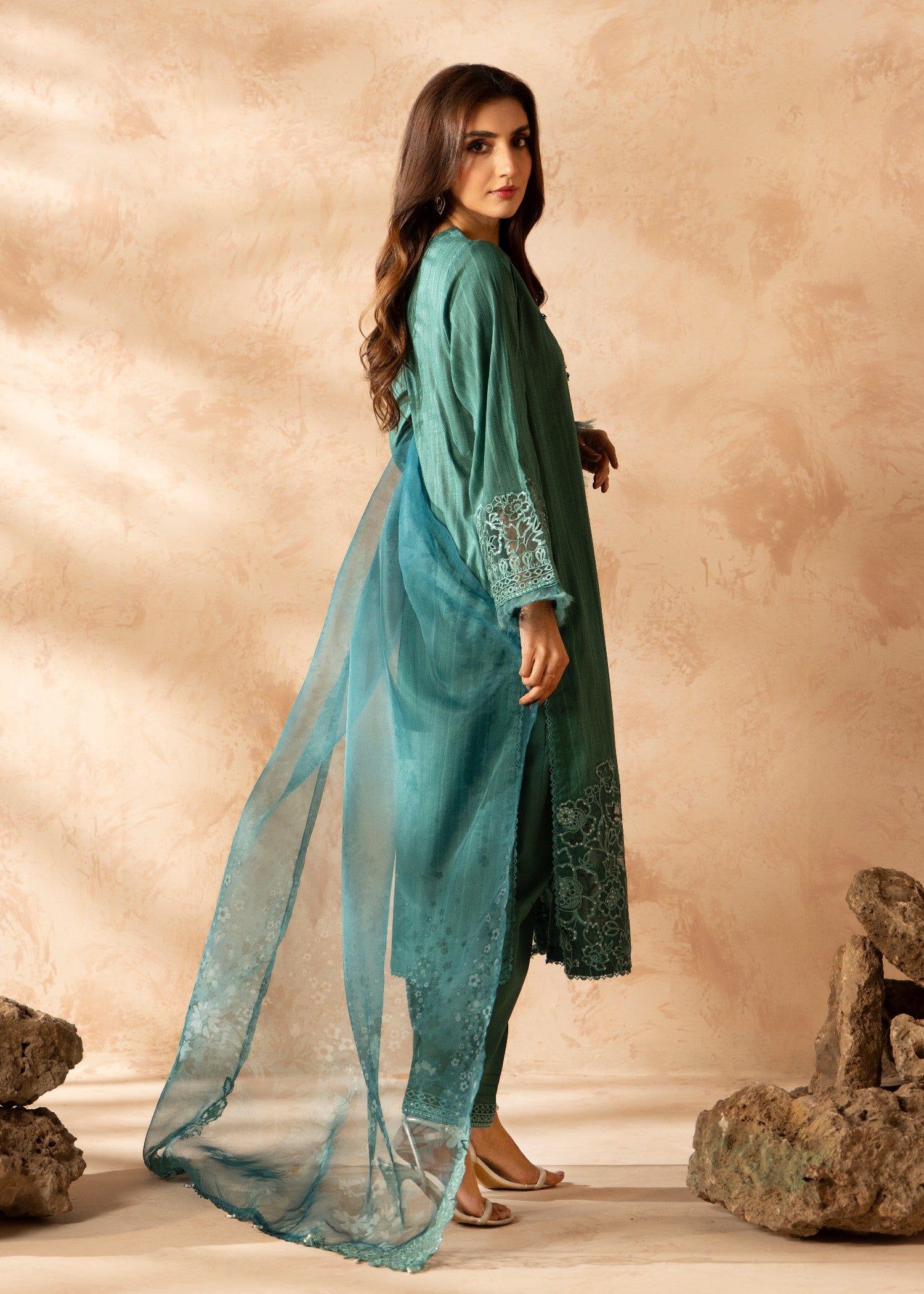blended linen Kurta Set in Green