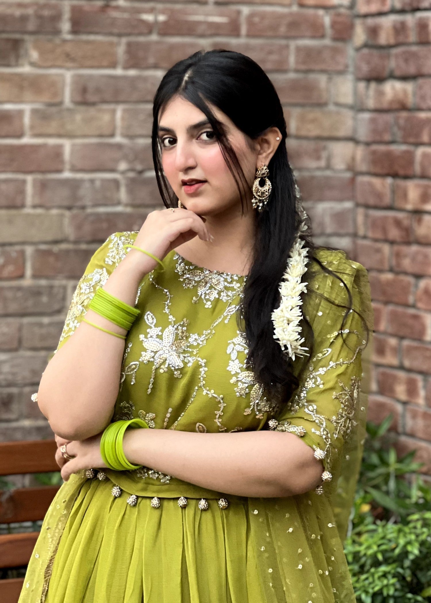 bemberg crinkle chiffon Lehenga in Olive green