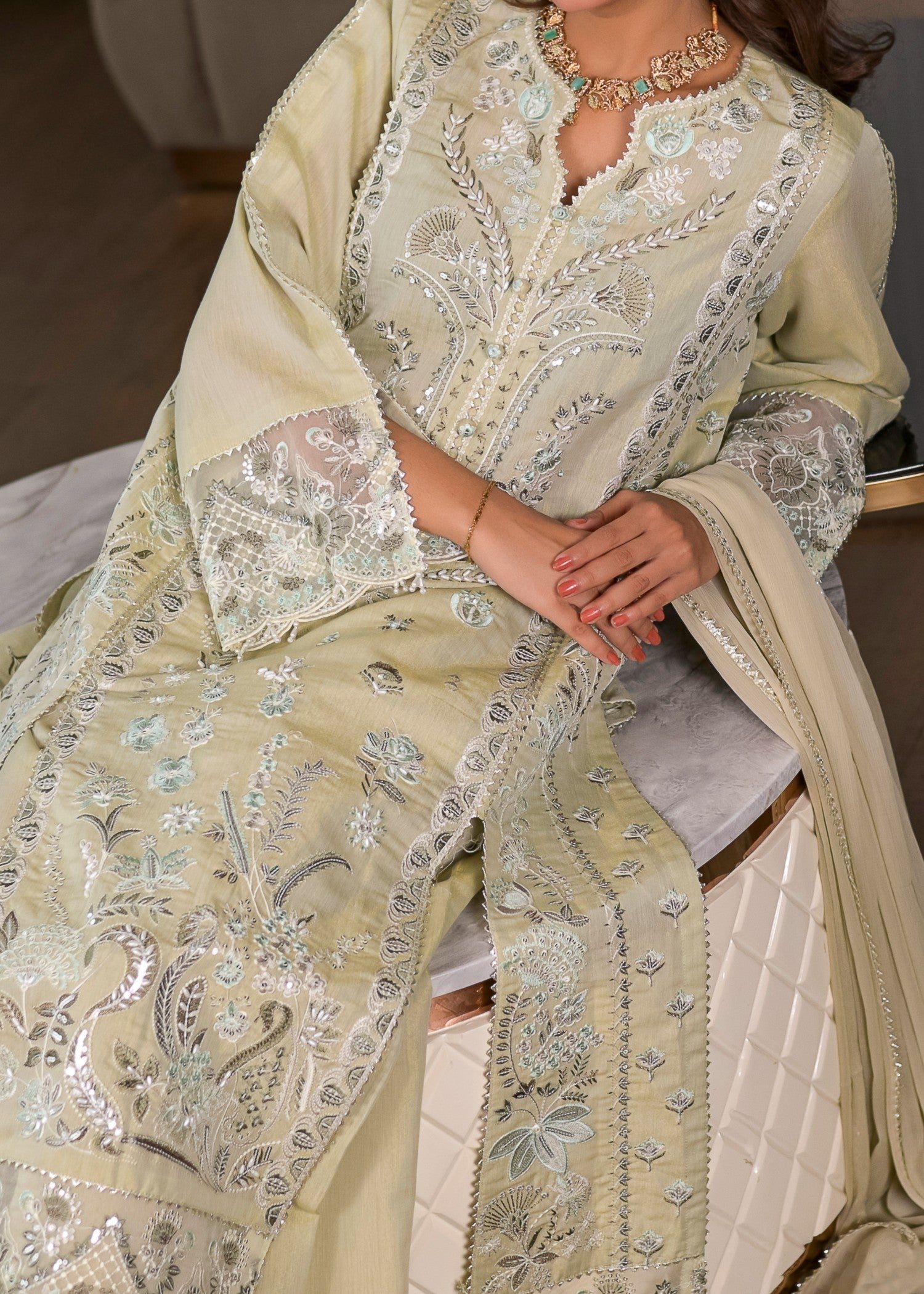 cotton masuri Kurta Set in Pistachio green