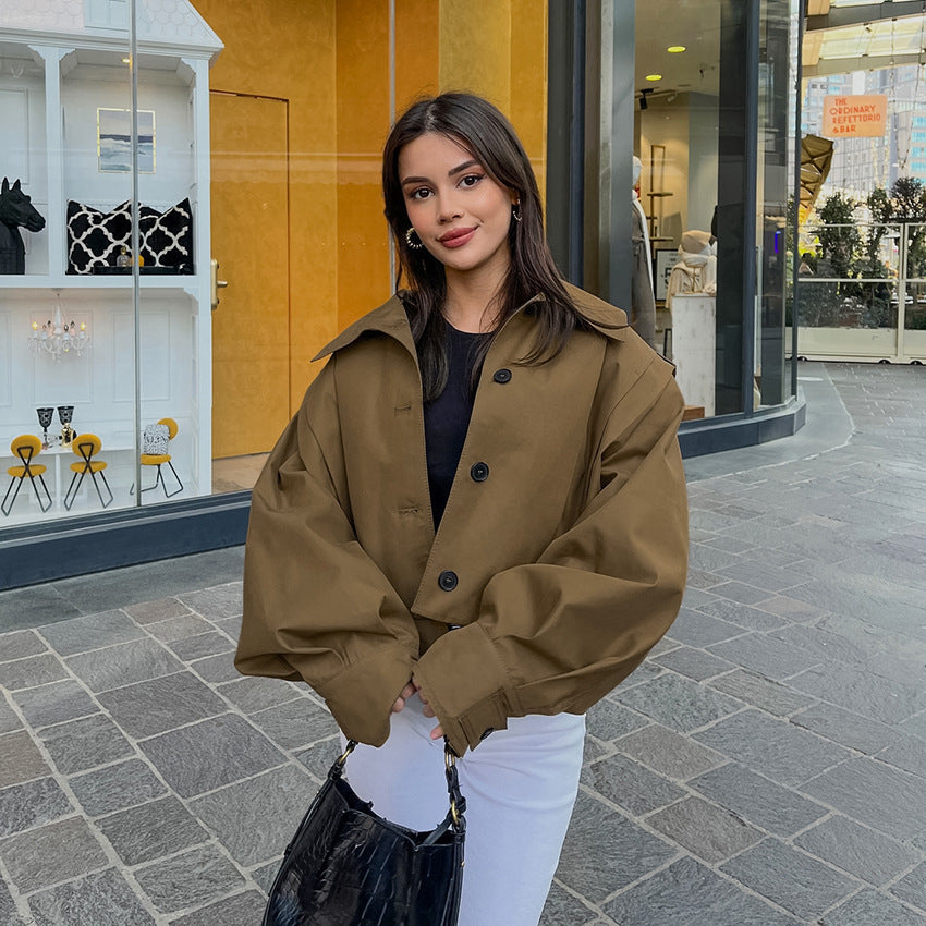 Khaki Lapel Simple Single-breasted Coat