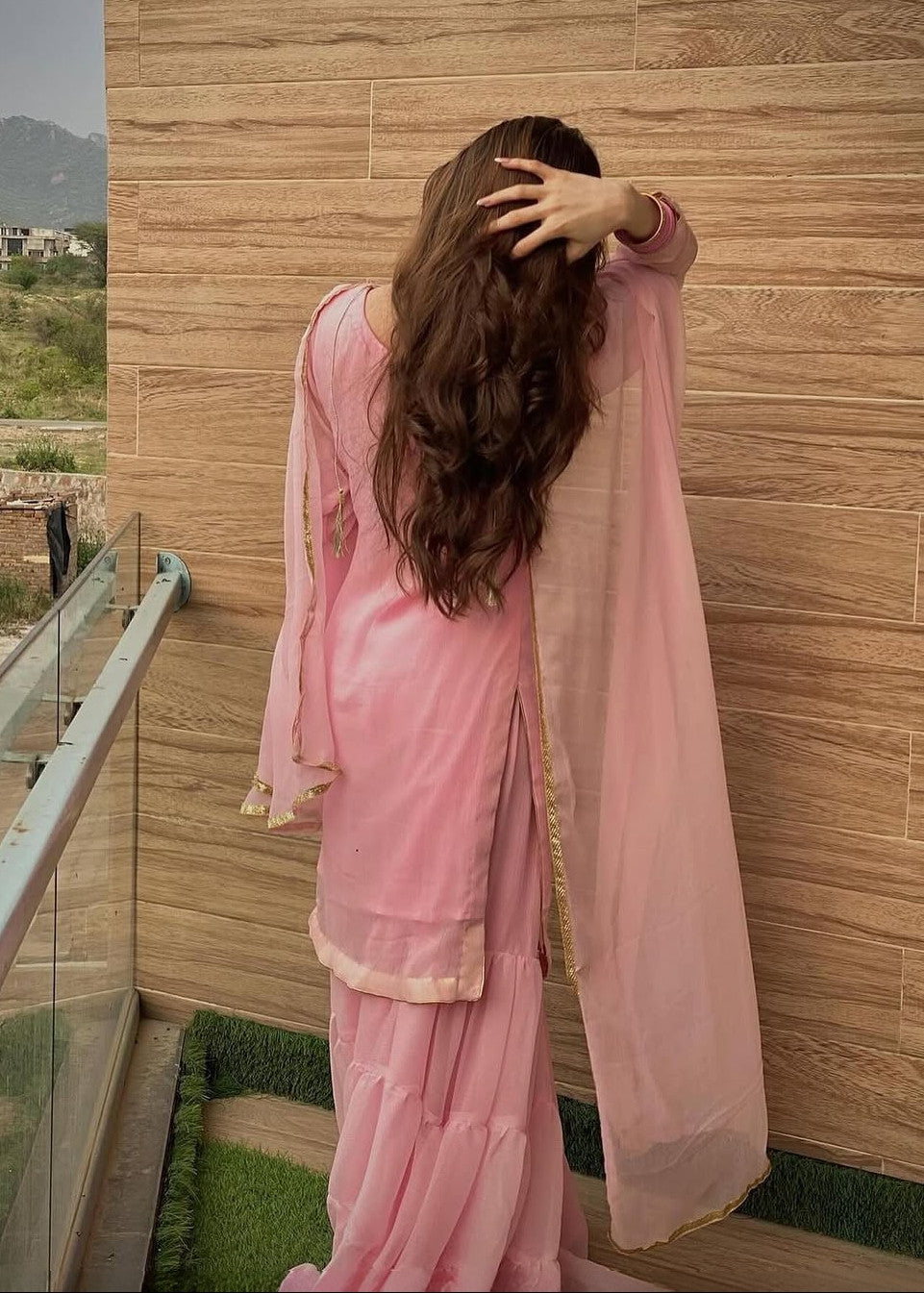 chiffon Gharara in Pastel pink