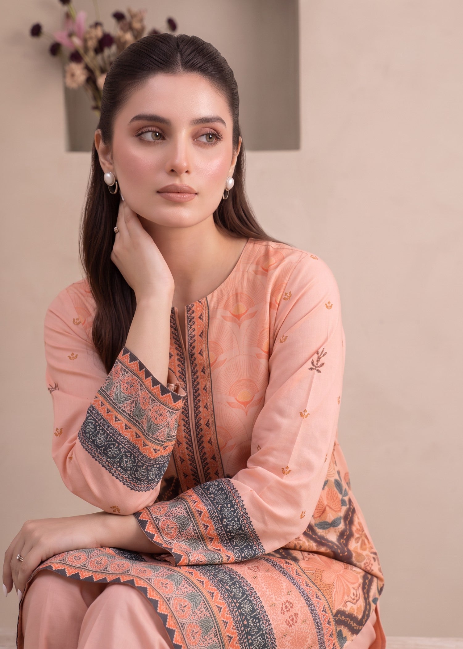 polyester crepe Kurta Set in Peach pink
