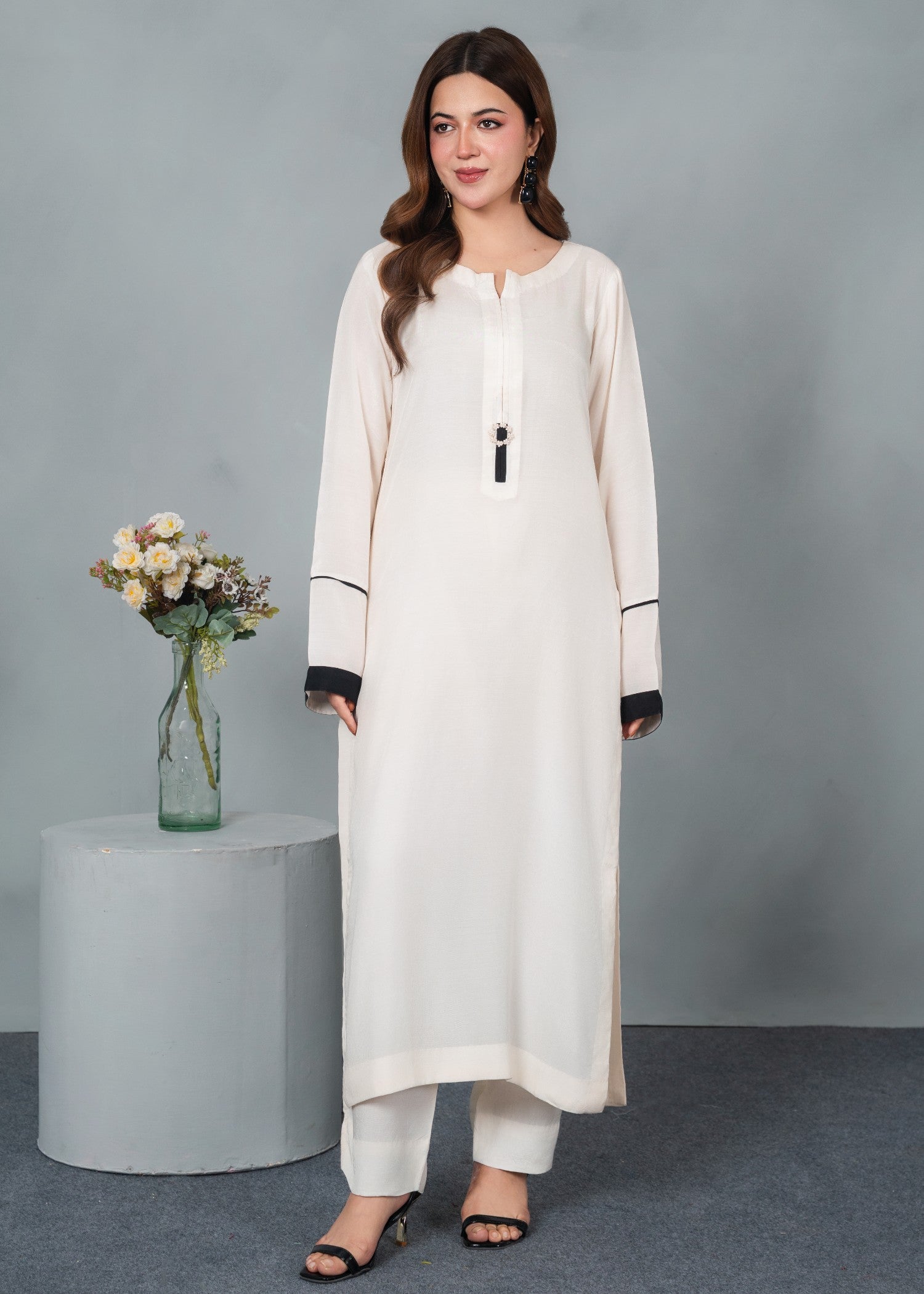 silk finish lawn Kurta Set in White