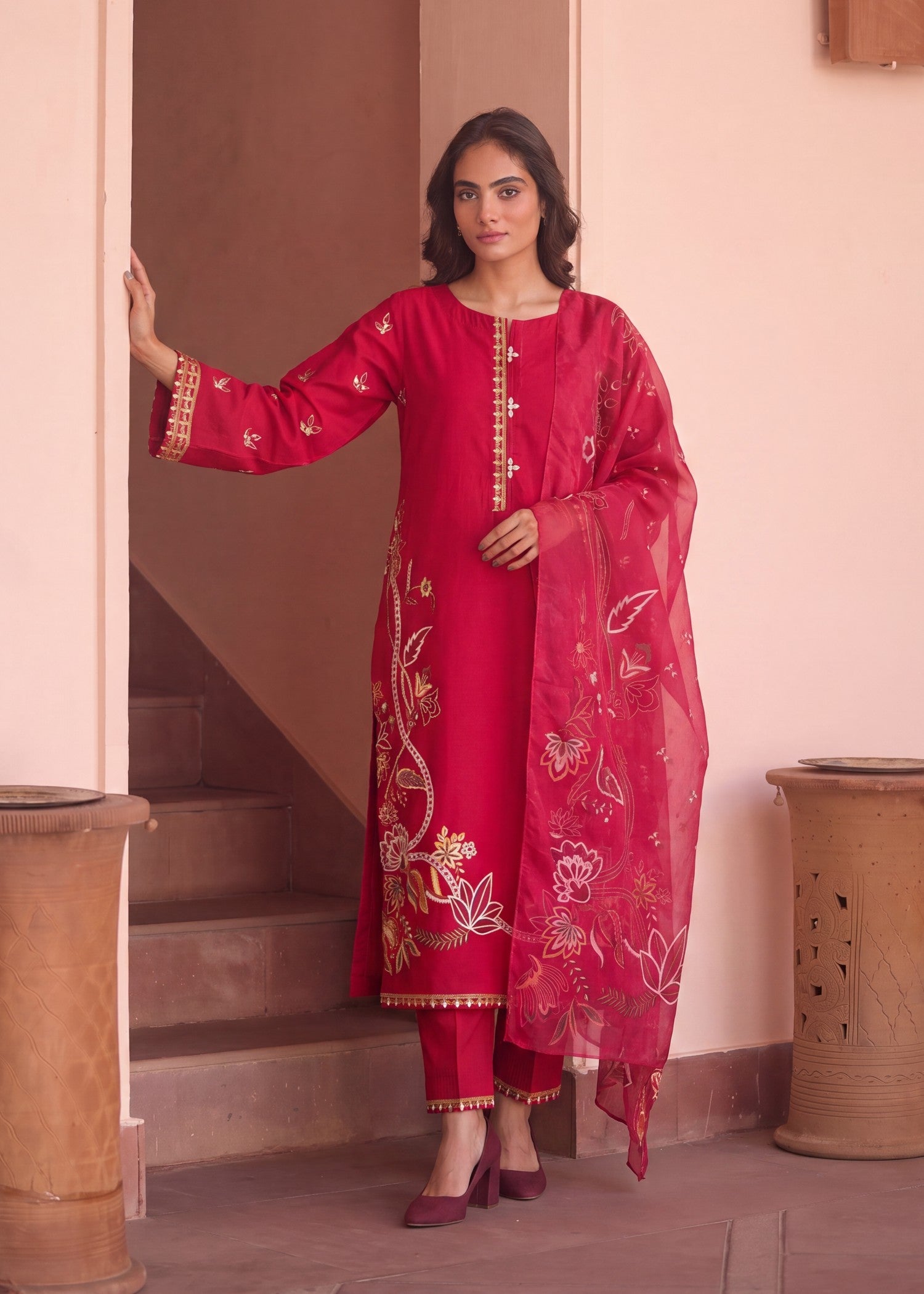 lawn Kurta Set in Cerise
