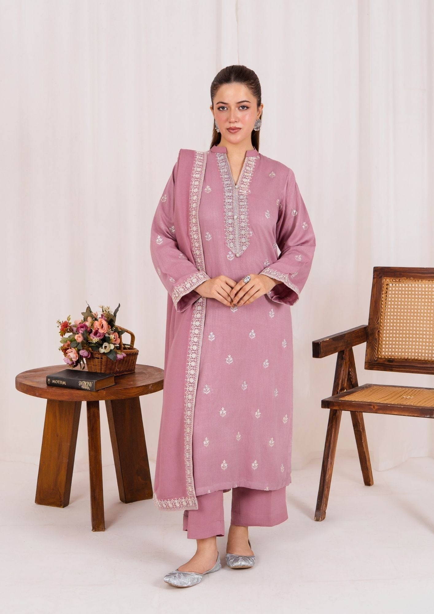 silk karandi Kurta Set in Tea rose pink