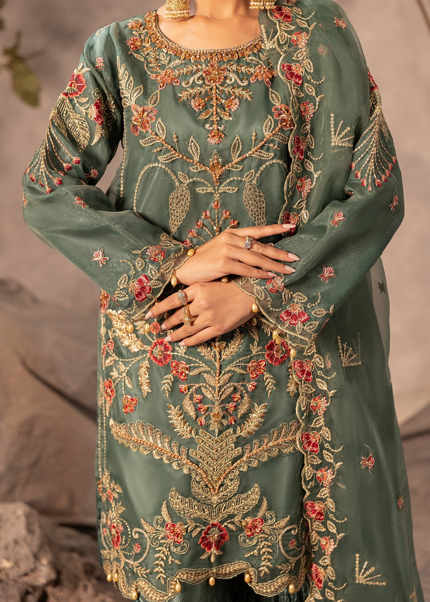 organza Gharara in Green