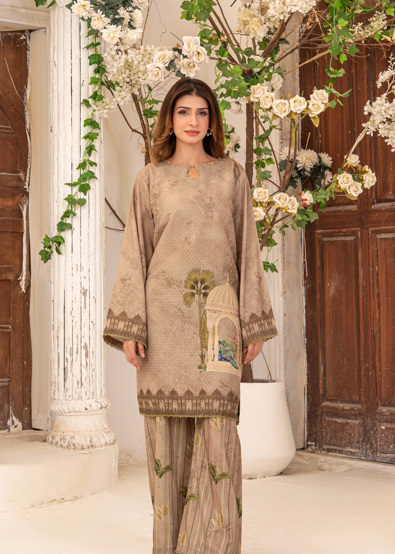 swiss lawn Kurta Set in Caramel brown
